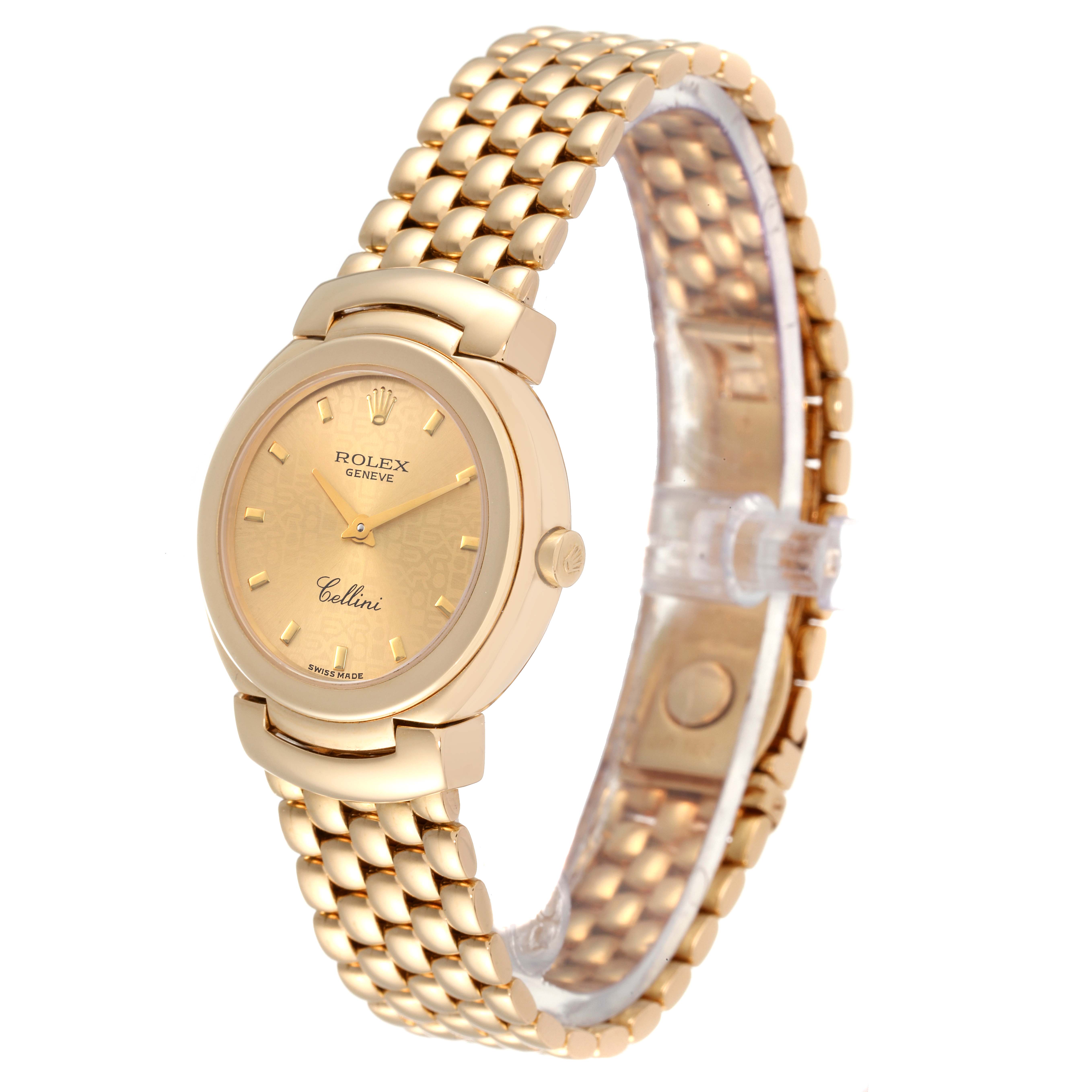 This image shows a Rolex Cellini 6621 Women's Yellow Gold Champagne Dial 6621 Women's Yellow Gold Champagne Dial watch angled to display the dial, bezel, crown, and metal bracelet.