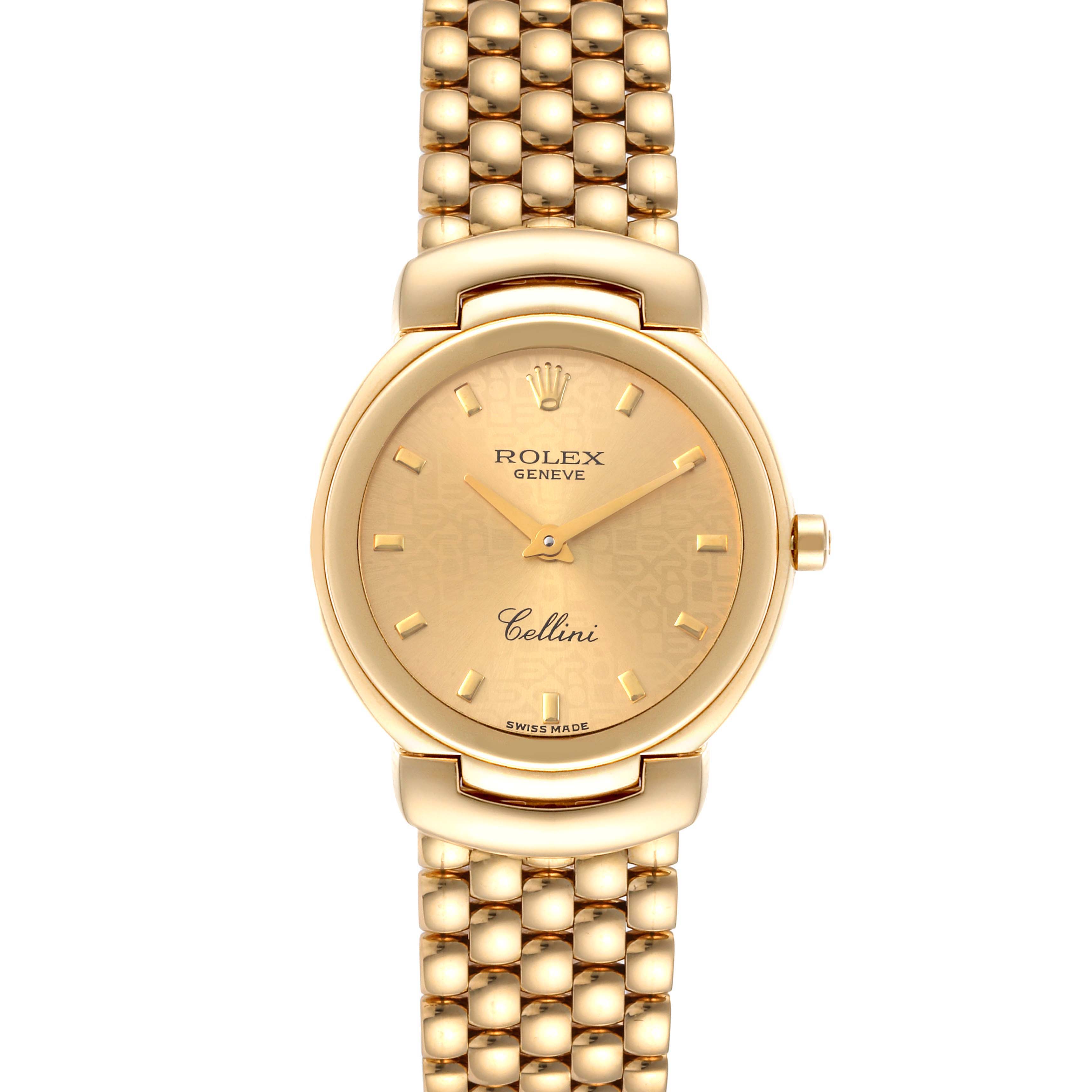 This image shows a front view of a gold Rolex Cellini 6621 Women's Yellow Gold Champagne Dial 6621 Women's Yellow Gold Champagne Dial watch, displaying the face, hands, crown, and bracelet.