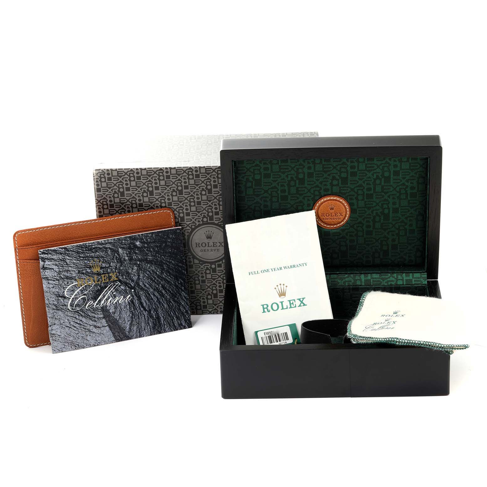 The image shows the accessories and packaging for a Rolex Cellini 6621 Women's Yellow Gold Champagne Dial 6621 Women's Yellow Gold Champagne Dial watch, including the box, warranty, and booklet.