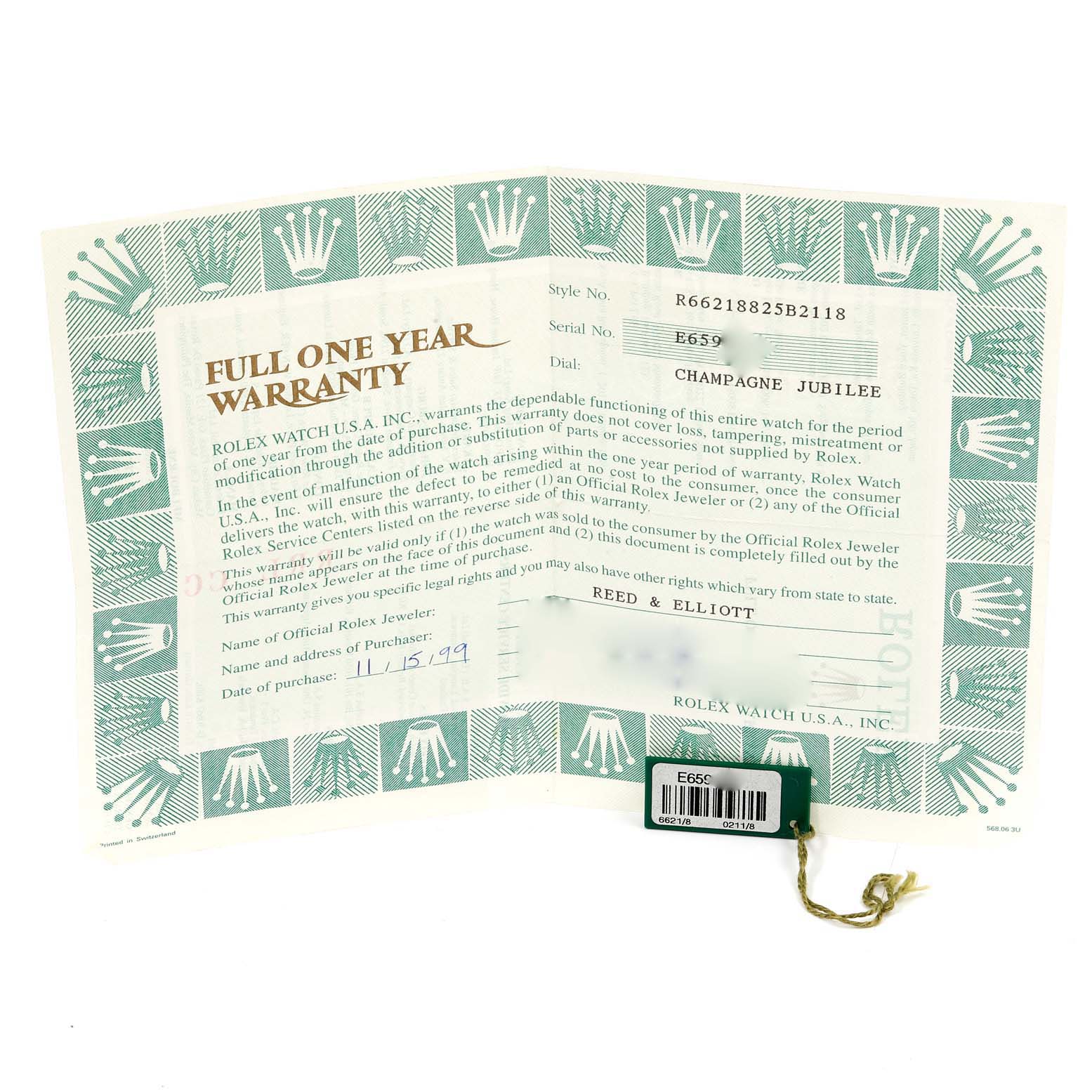 The image shows a full one-year warranty certificate for the Rolex Cellini 6621 Women's Yellow Gold Champagne Dial 6621 Women's Yellow Gold Champagne Dial model, accompanied by a green Rolex hang tag.