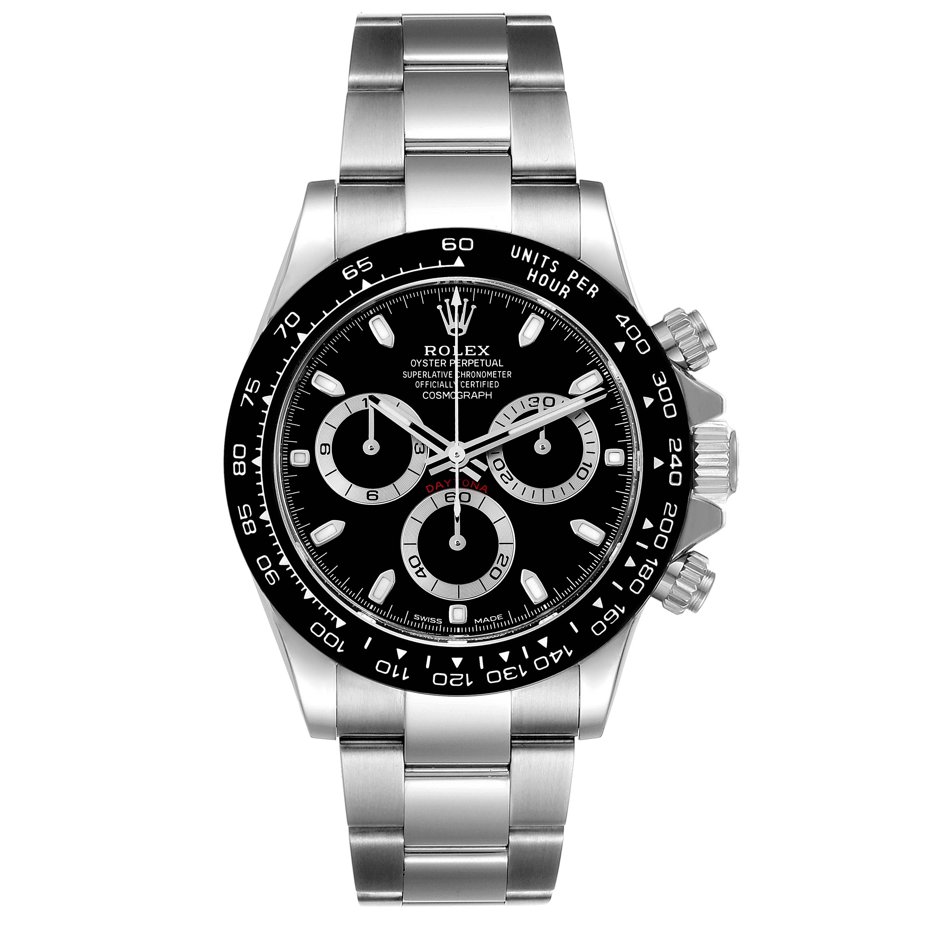 The image shows a front view of a Rolex Daytona 116500 Men
s Stainless Steel Black Dial 116500 Men
s Stainless Steel Black Dial watch, highlighting the dial, bezel, case, and bracelet.