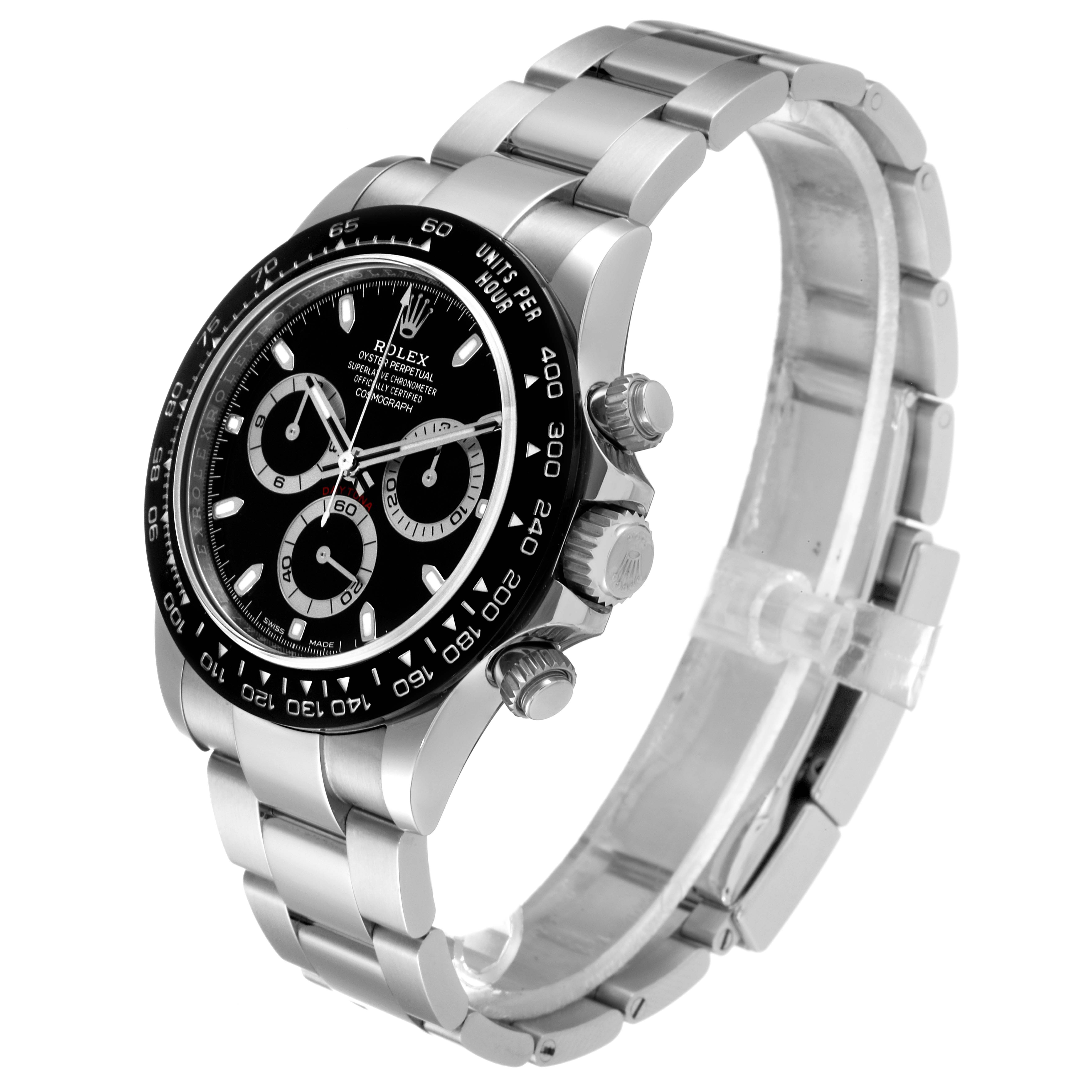 This image shows a Rolex Daytona 116500 Men
s Stainless Steel Black Dial 116500 Men
s Stainless Steel Black Dial watch at an oblique angle highlighting its bezel, dial, case, bracelet, and crown.
