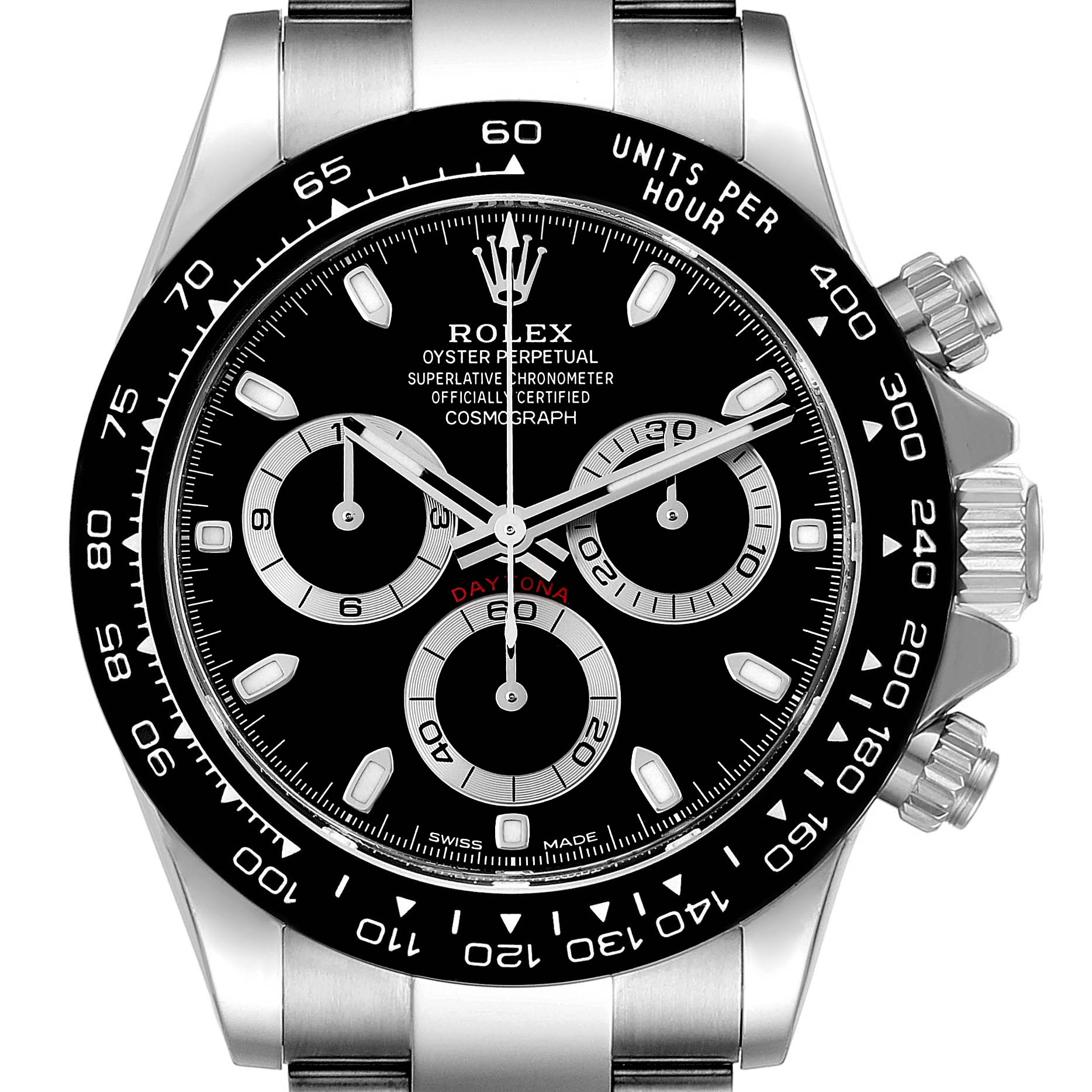 The image shows a frontal view of a Rolex Daytona 116500 Men
s Stainless Steel Black Dial 116500 Men
s Stainless Steel Black Dial watch displaying the dial, bezel, and pushers.