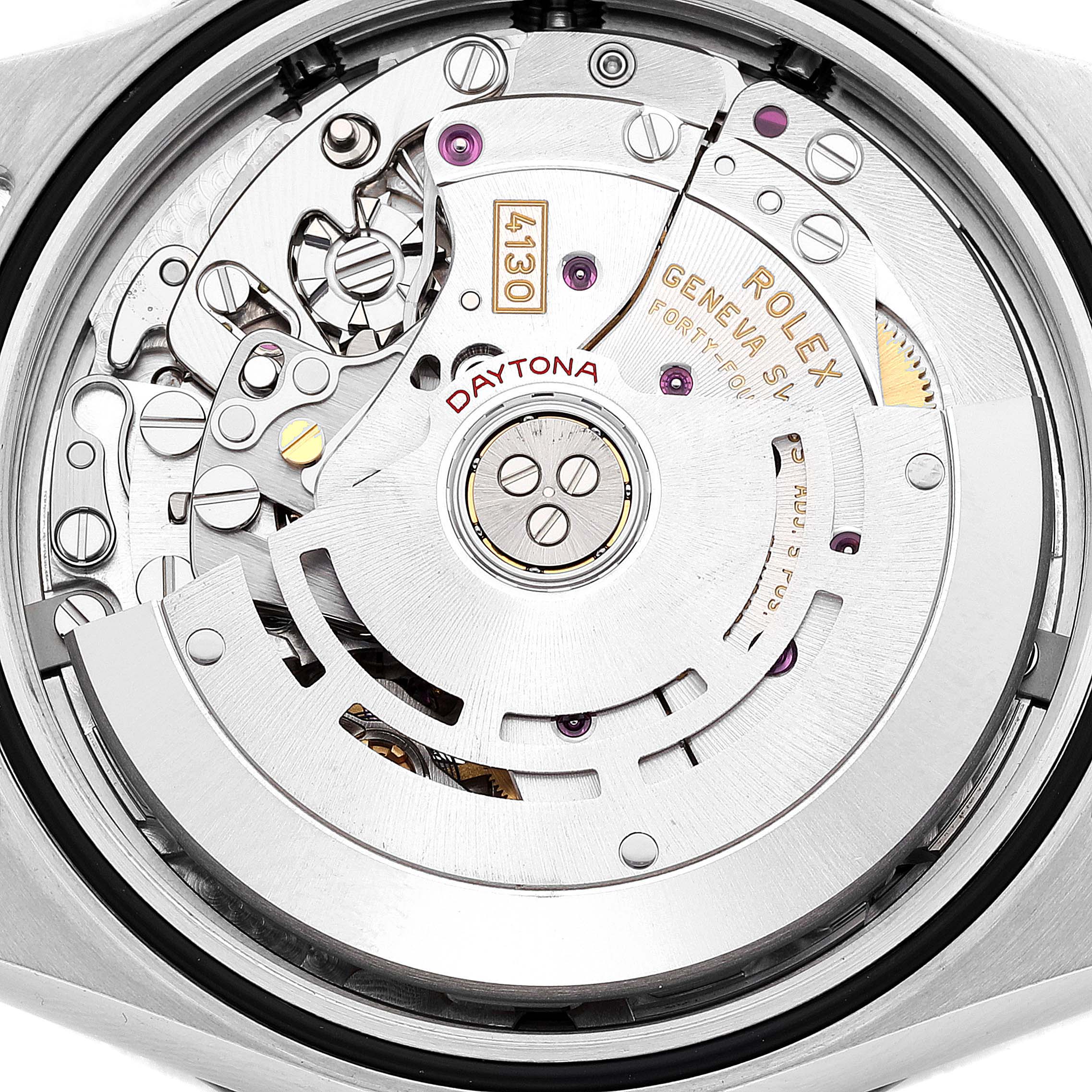 Close-up image showing the intricate mechanical movement of a Rolex Daytona 116500 Men
s Stainless Steel Black Dial 116500 Men
s Stainless Steel Black Dial watch from the back.