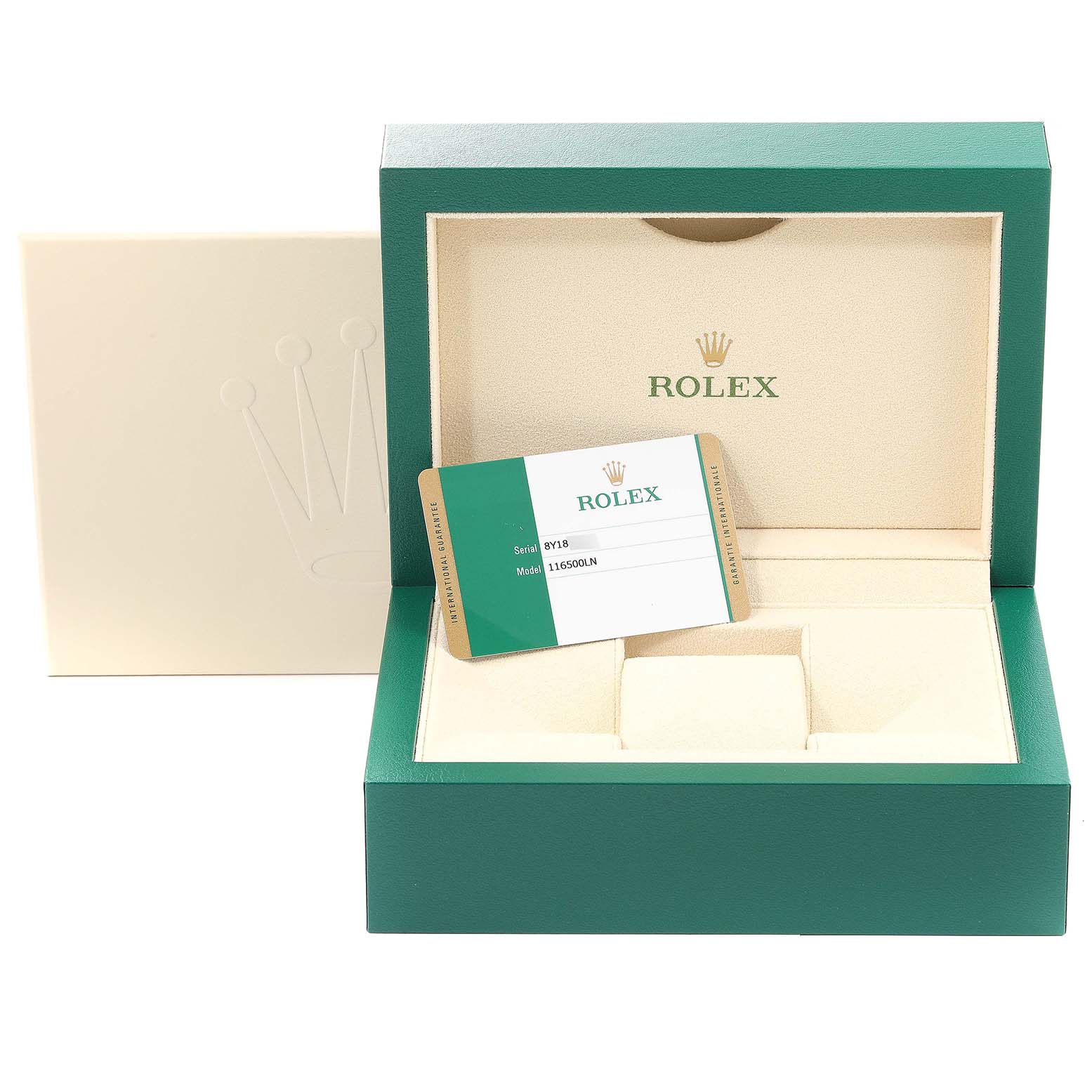 This image shows the open packaging box and Best Quality
ity card for the Rolex Daytona 116500 Men
s Stainless Steel Black Dial 116500 Men
s Stainless Steel Black Dial watch.