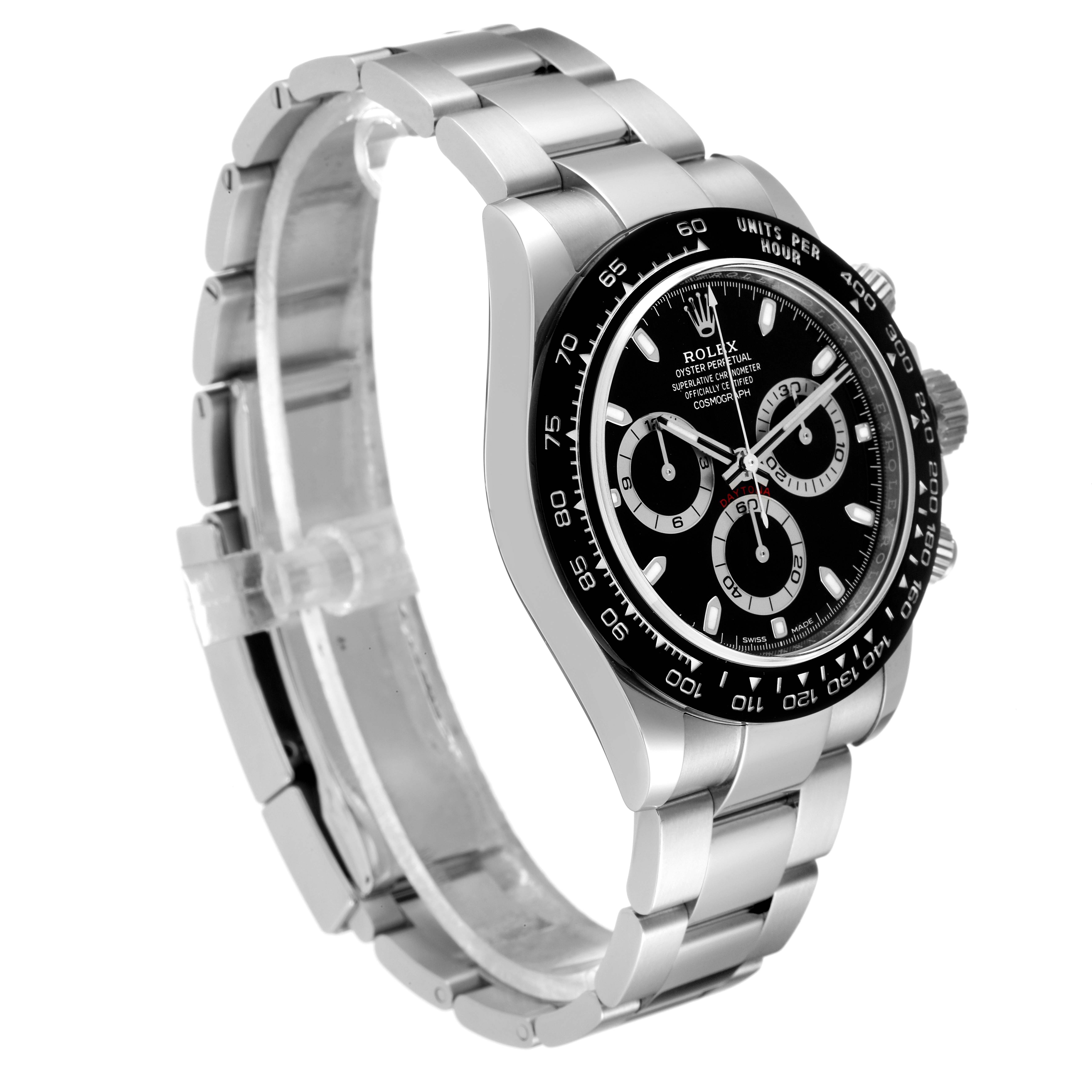 The Rolex Daytona 116500 Men
s Stainless Steel Black Dial 116500 Men
s Stainless Steel Black Dial watch is shown at a slight angle, featuring its face, bezel, and stainless steel bracelet.