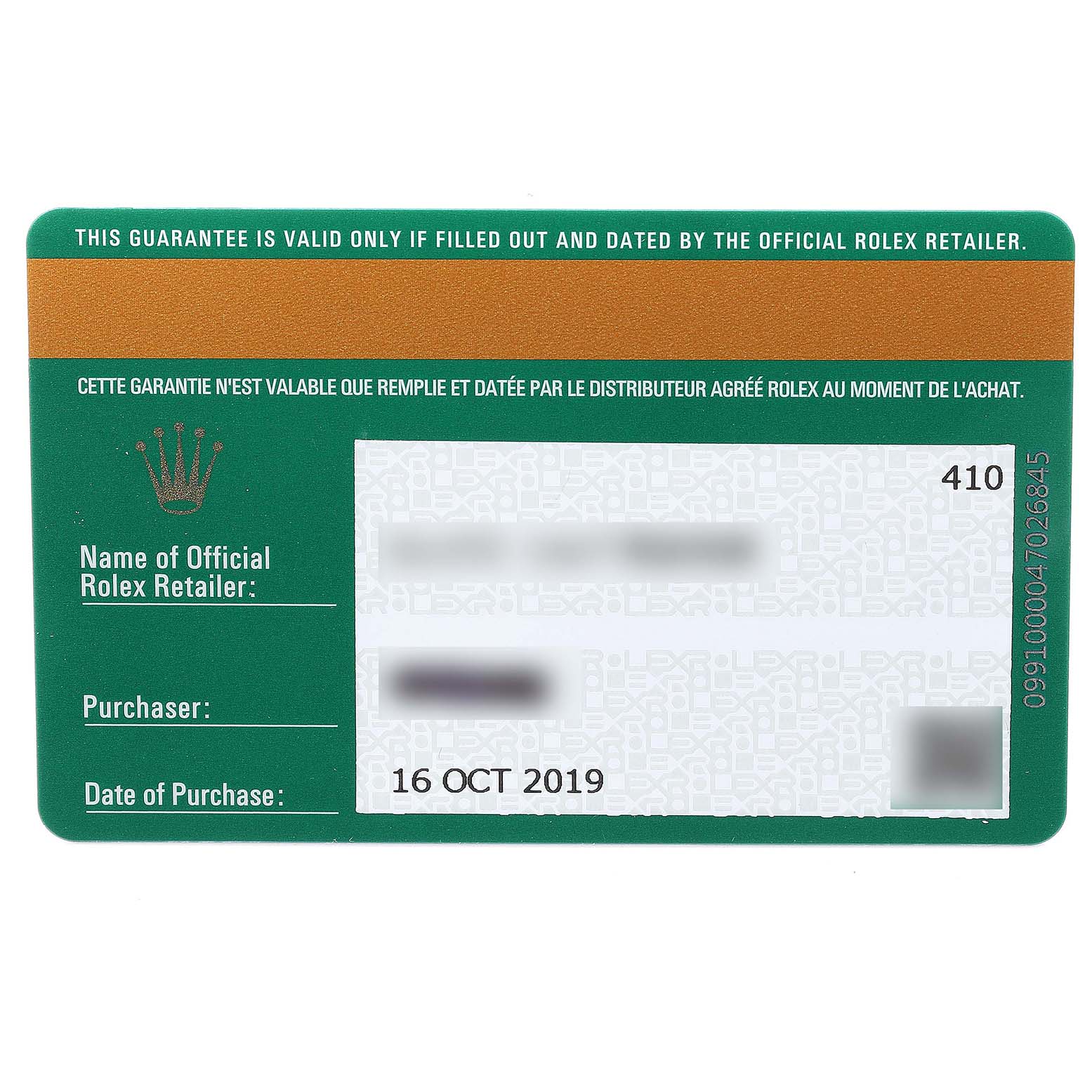 This image displays a guarantee card for a Rolex Daytona 116500 Men
s Stainless Steel Black Dial 116500 Men
s Stainless Steel Black Dial model, showing details like the date of purchase and retailer information.