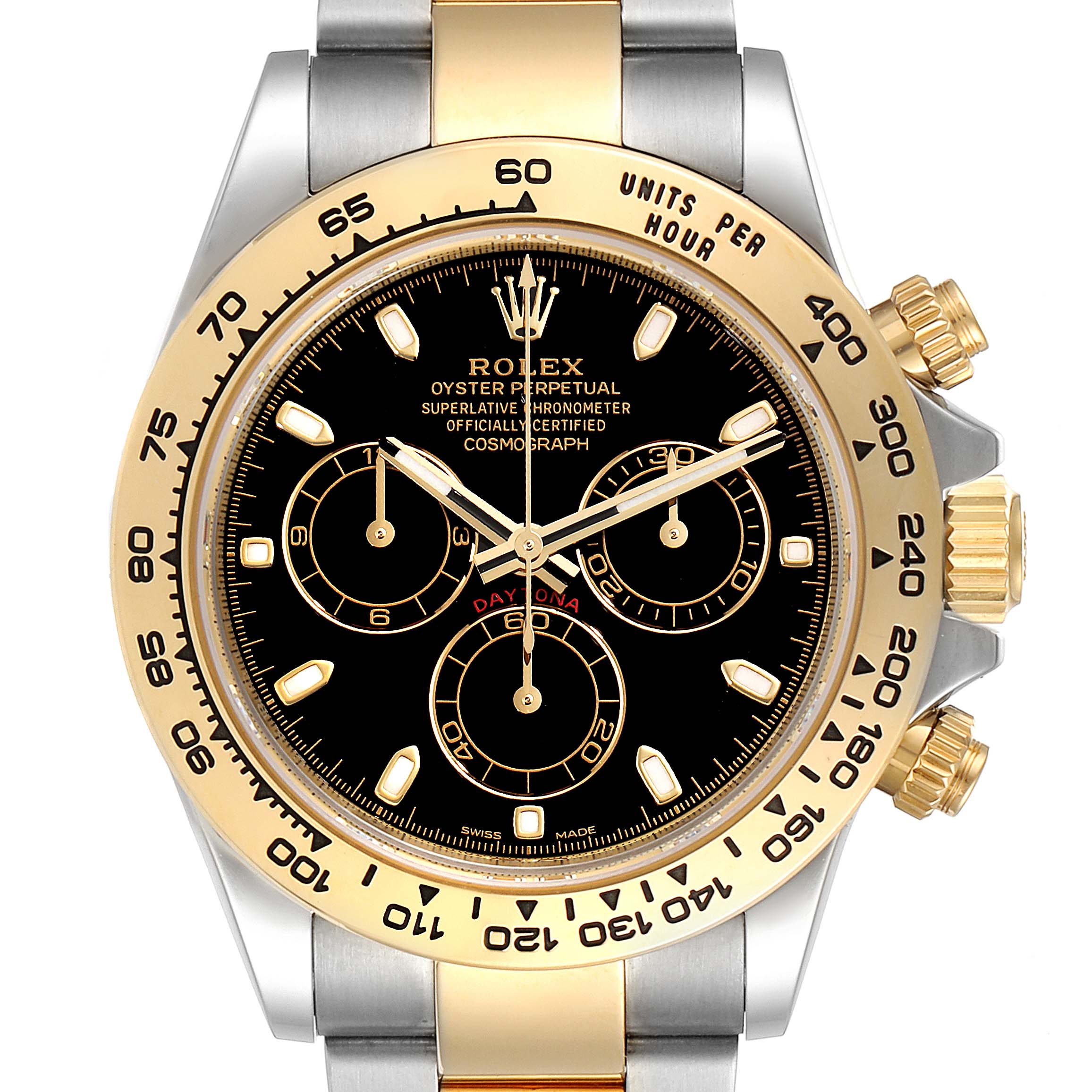 The image shows a front view of a Rolex Daytona 116503 Men
s Steel and Gold (two tone) Black Dial 116503 Men
s Steel and Gold (two tone) Black Dial watch, highlighting its black dial, gold bezel, and chronograph subdials.