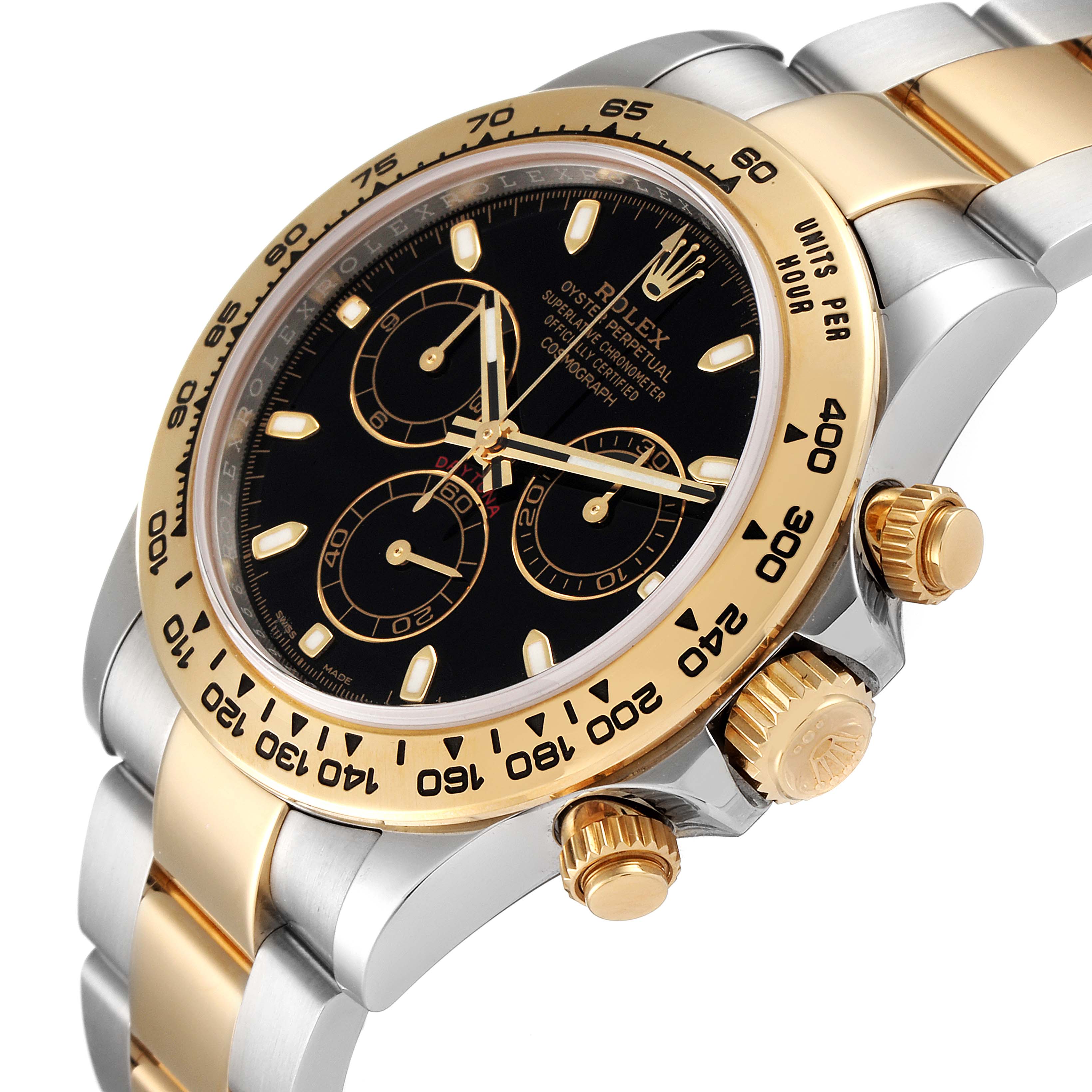 This image shows a Rolex Daytona 116503 Men
s Steel and Gold (two tone) Black Dial 116503 Men
s Steel and Gold (two tone) Black Dial watch at an angle highlighting the gold bezel, black dial, subdials, crown, and pushers.