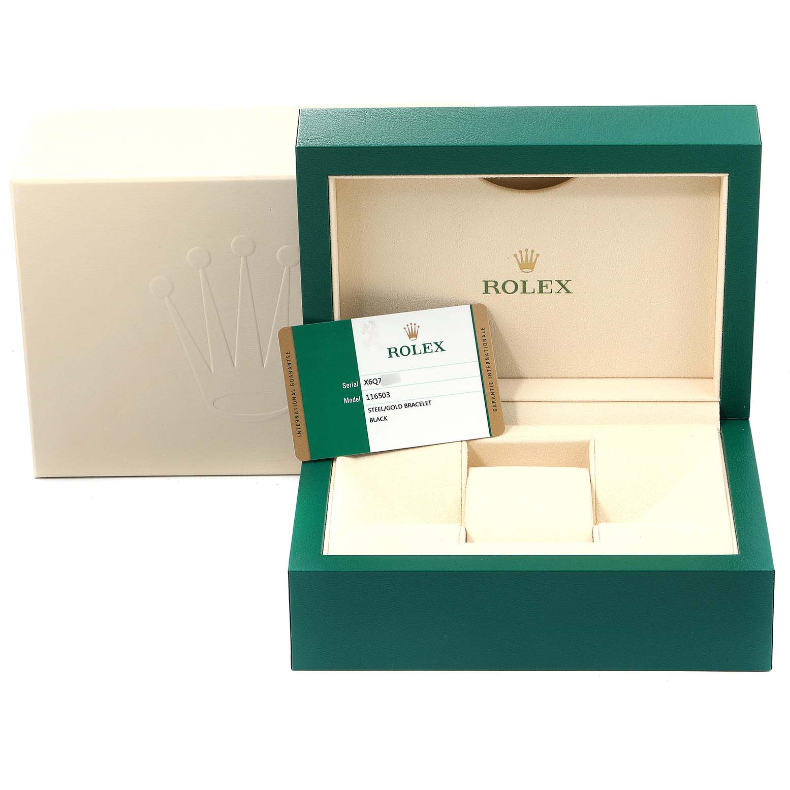 The image shows a Rolex Daytona 116503 Men
s Steel and Gold (two tone) Black Dial 116503 Men
s Steel and Gold (two tone) Black Dial watch box and warranty card, with the inner cushion removed.