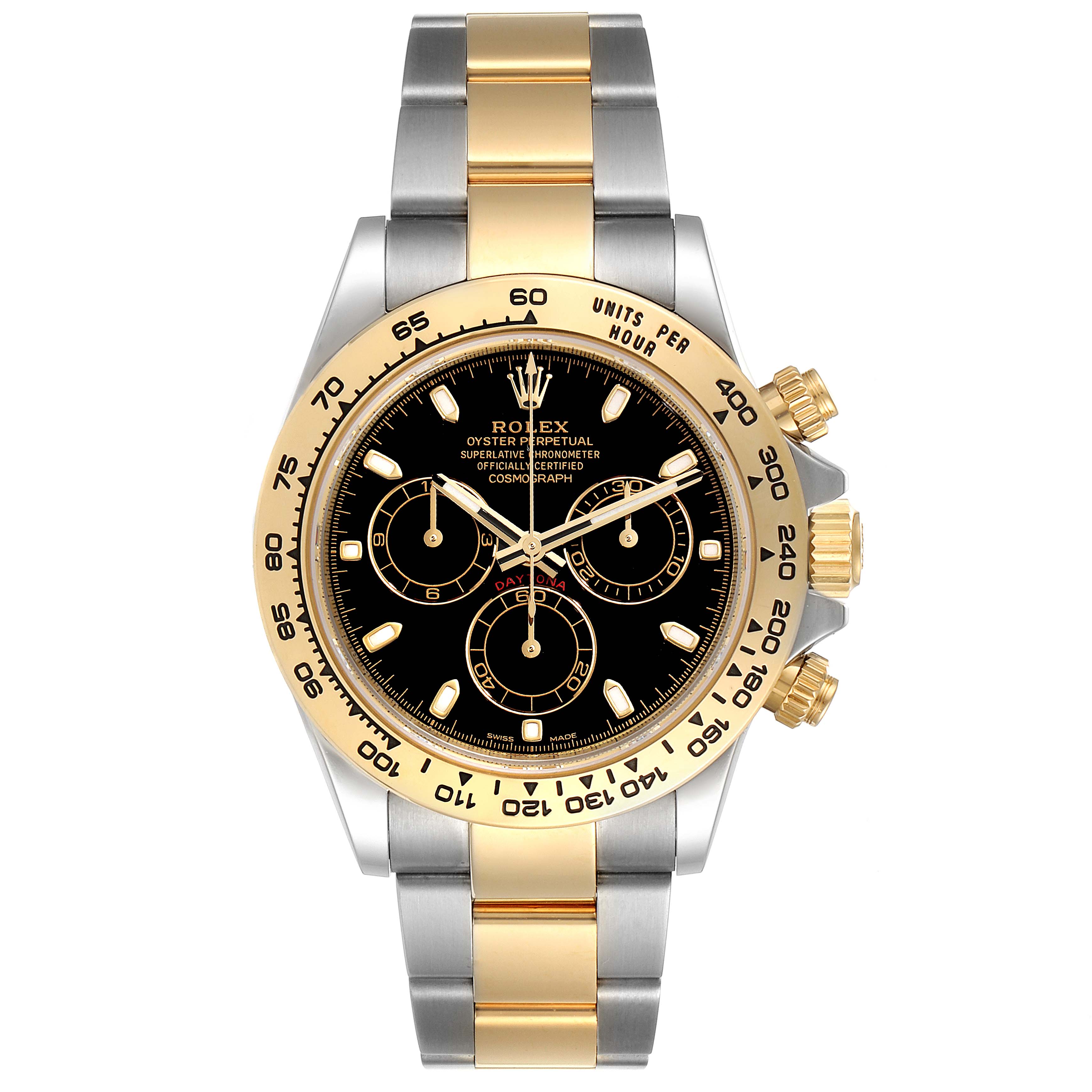 This image shows a frontal view of a Rolex Daytona 116503 Men
s Steel and Gold (two tone) Black Dial 116503 Men
s Steel and Gold (two tone) Black Dial watch, highlighting the dial, bezel, and bracelet.