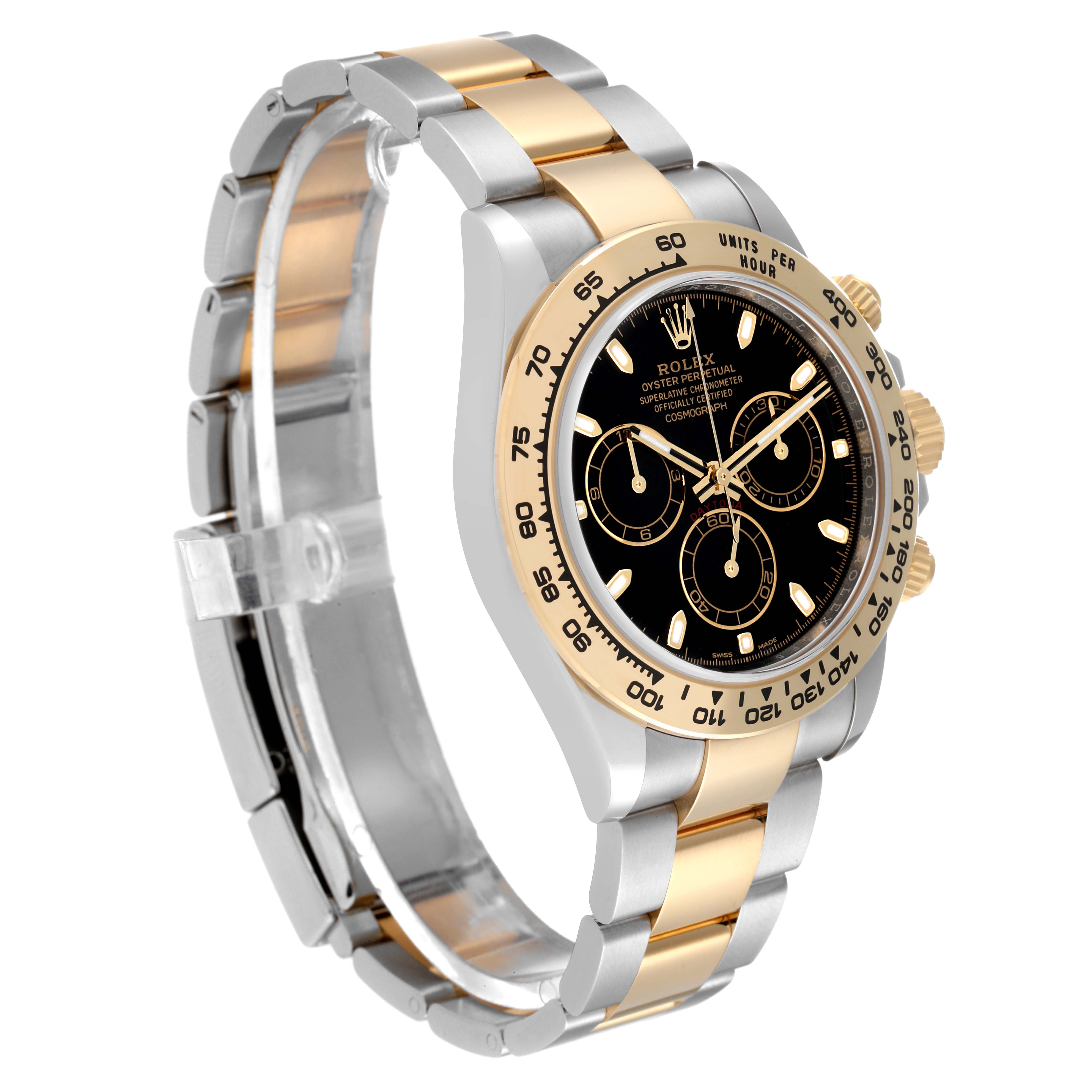 The Rolex Daytona 116503 Men
s Steel and Gold (two tone) Black Dial 116503 Men
s Steel and Gold (two tone) Black Dial watch is shown at a three-quarter angle, highlighting its two-tone bracelet, black dial, and bezel.