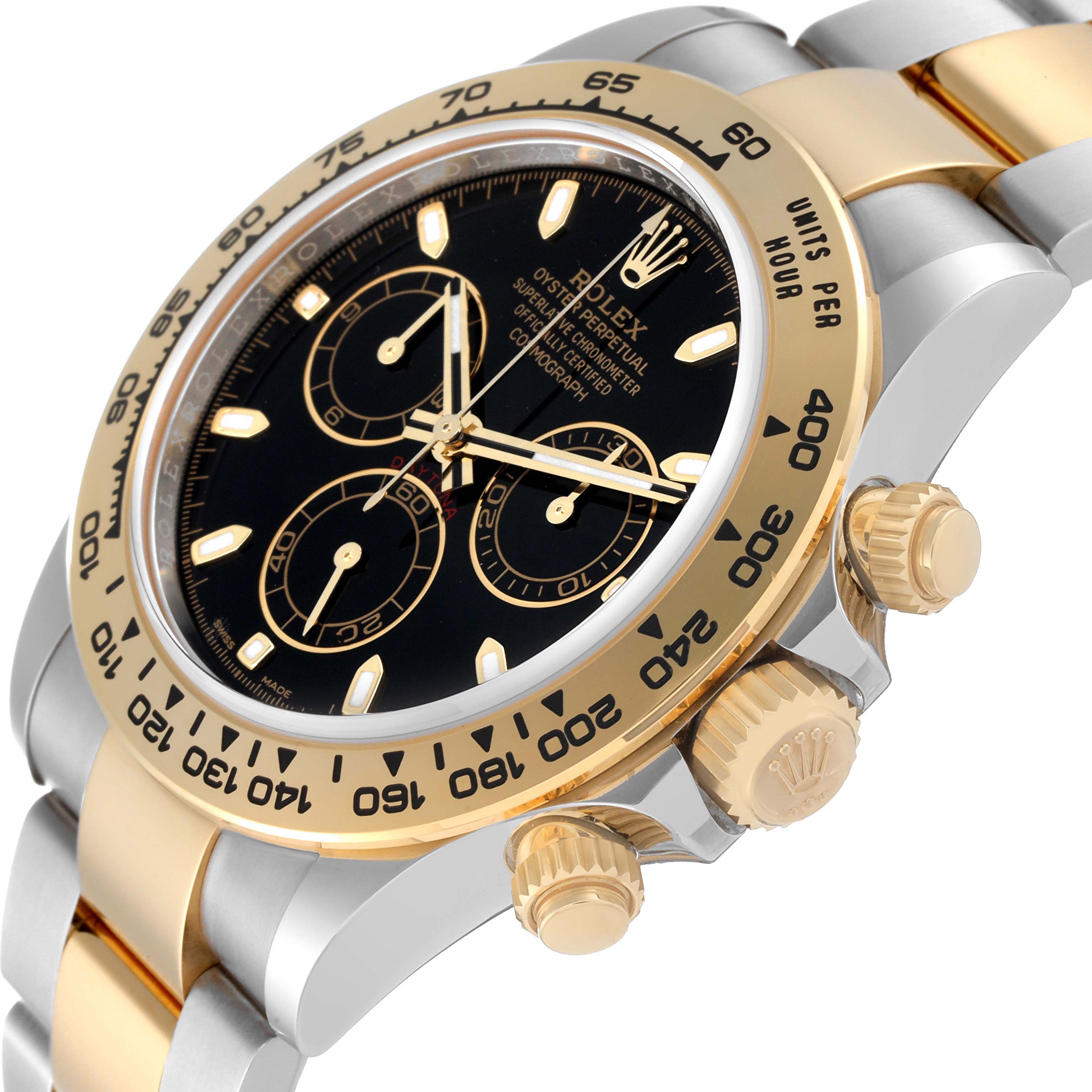 The image shows a close-up of the Rolex Daytona 116503 Men
s Steel and Gold (two tone) Black Dial 116503 Men
s Steel and Gold (two tone) Black Dial watch
s face and crown from a side angle, highlighting the bezel and subdials.