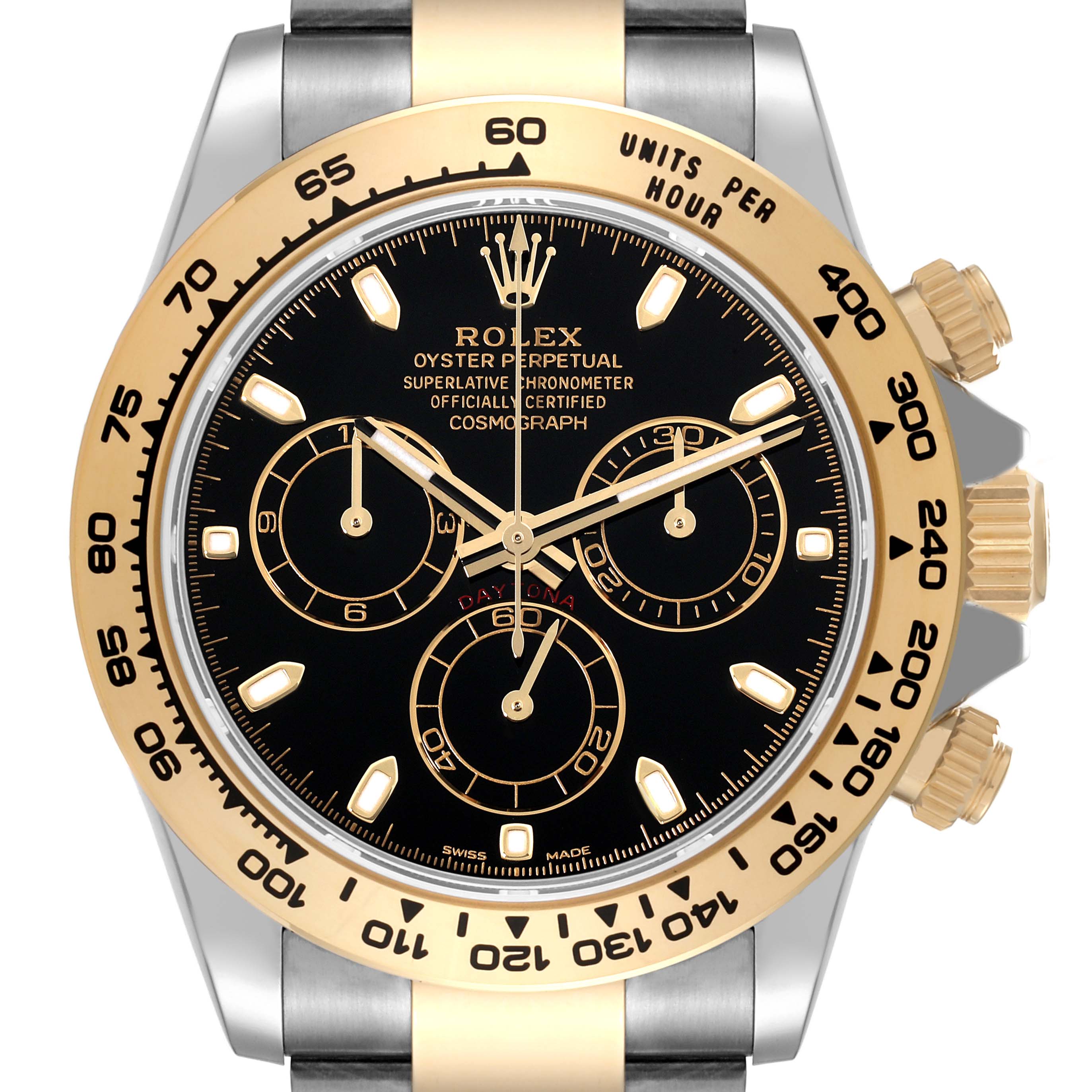 This image shows a close-up of the Rolex Daytona 116503 Men
s Steel and Gold (two tone) Black Dial 116503 Men
s Steel and Gold (two tone) Black Dial watch, highlighting the dial, bezel, and chronograph sub-dials.