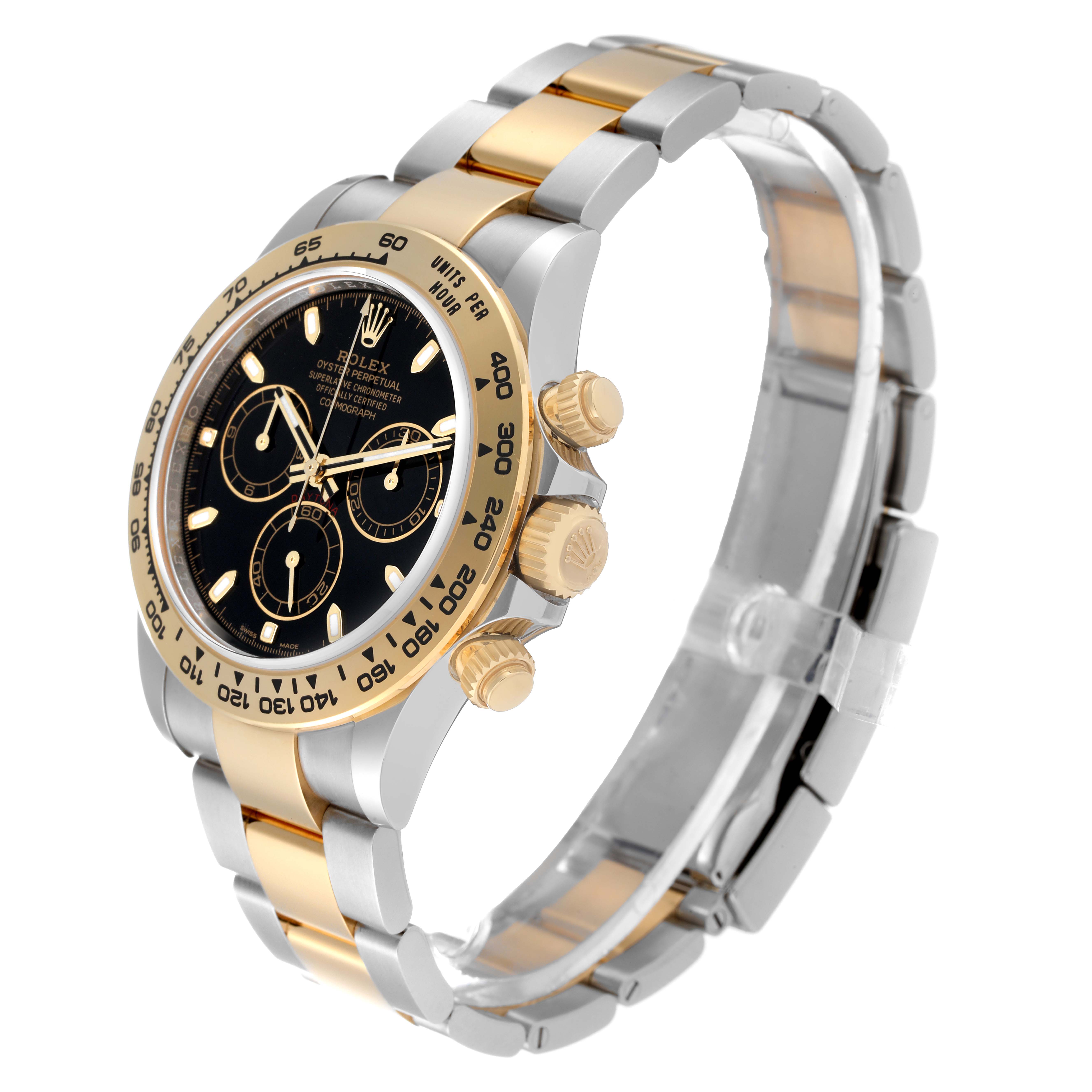 The image shows a side and angled view of the Rolex Daytona 116503 Men
s Steel and Gold (two tone) Black Dial 116503 Men
s Steel and Gold (two tone) Black Dial watch, highlighting its face, bezel, pushers, and bracelet.