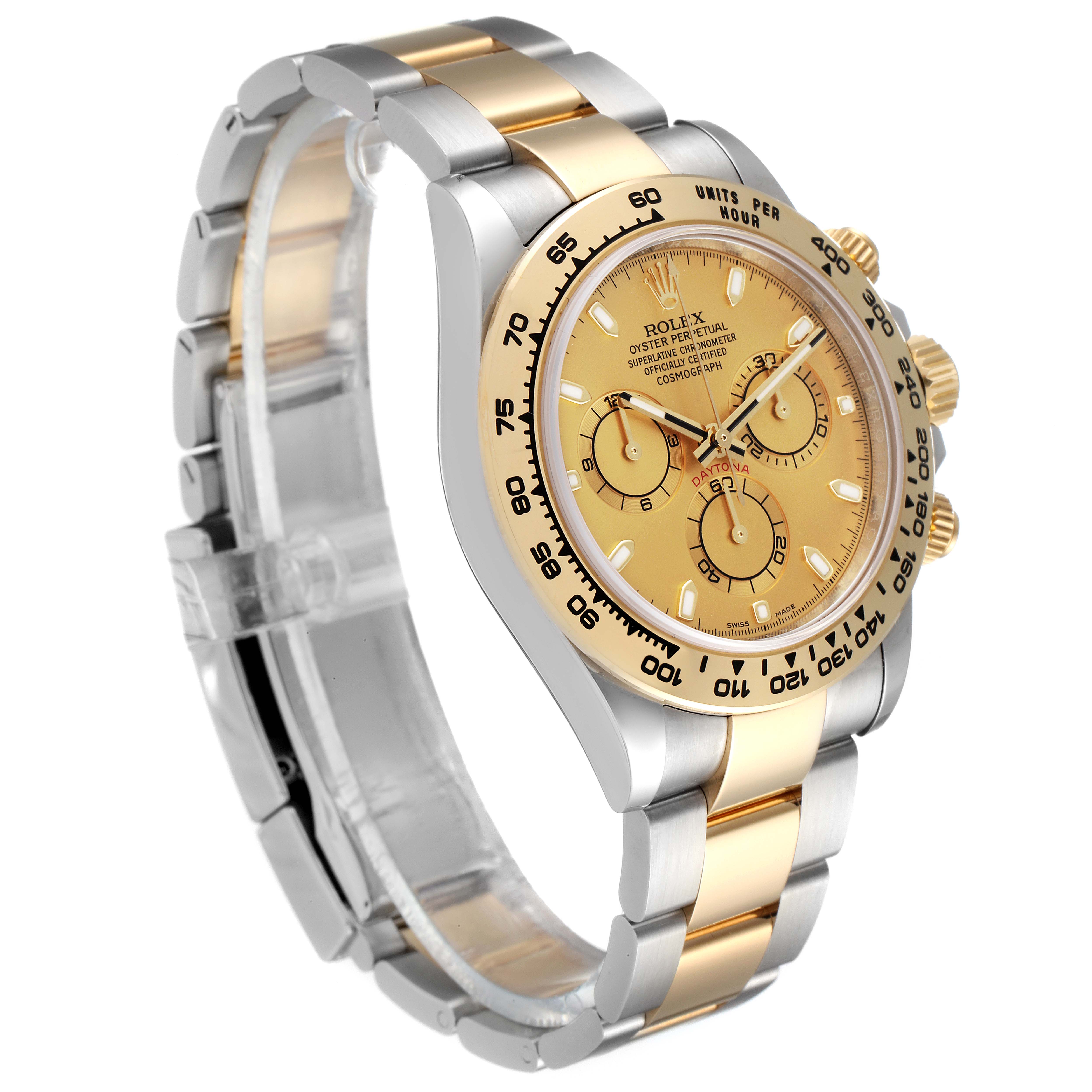 The Rolex Daytona 116503 Men
s Steel and Gold (two tone) Champagne Dial 116503 Men
s Steel and Gold (two tone) Champagne Dial watch is shown at a slight angle, revealing its gold and silver bracelet, dial, and chronograph features.