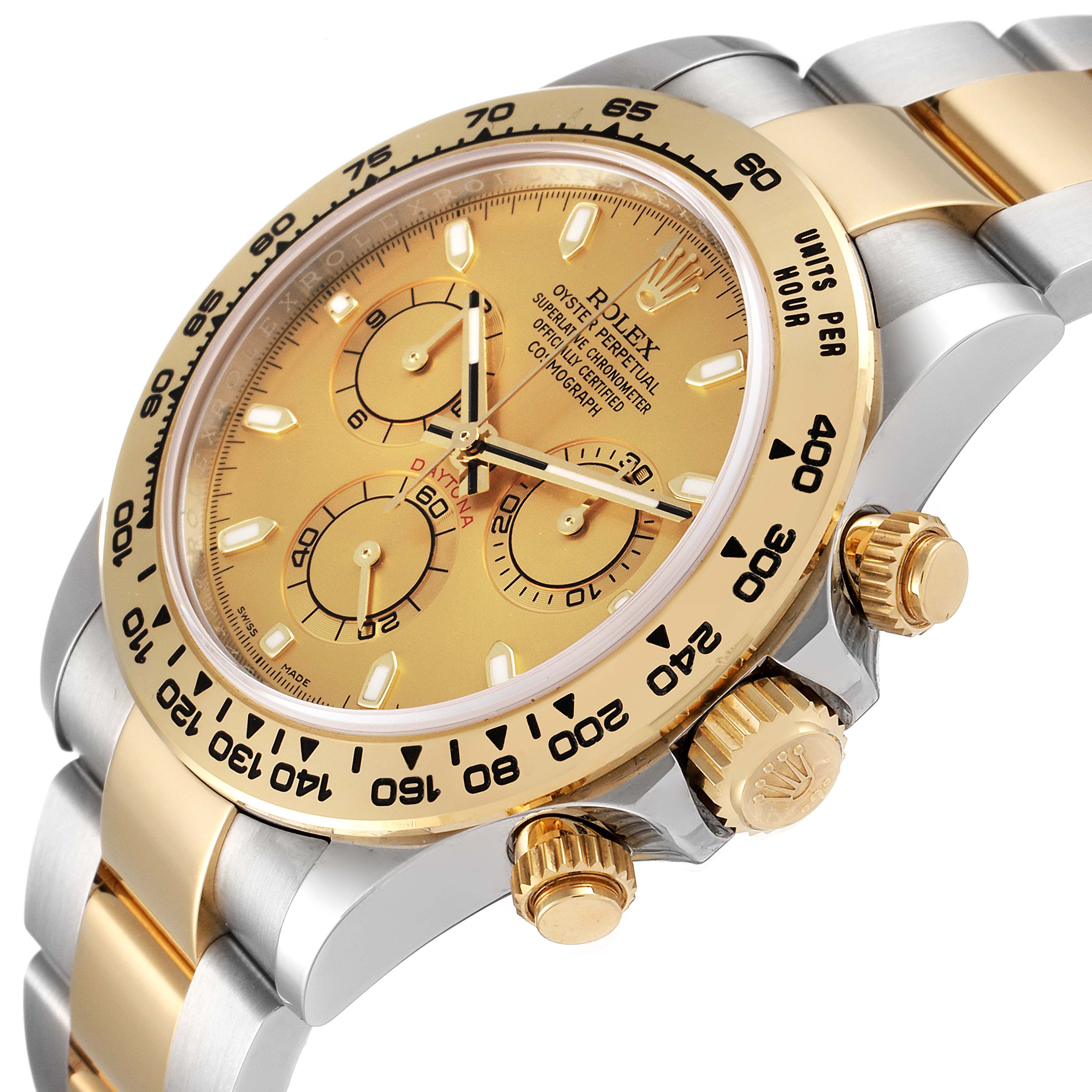 This image shows a close-up angle of the Rolex Daytona 116503 Men
s Steel and Gold (two tone) Champagne Dial 116503 Men
s Steel and Gold (two tone) Champagne Dial watch, featuring its bezel, crown, and dial with subdials.