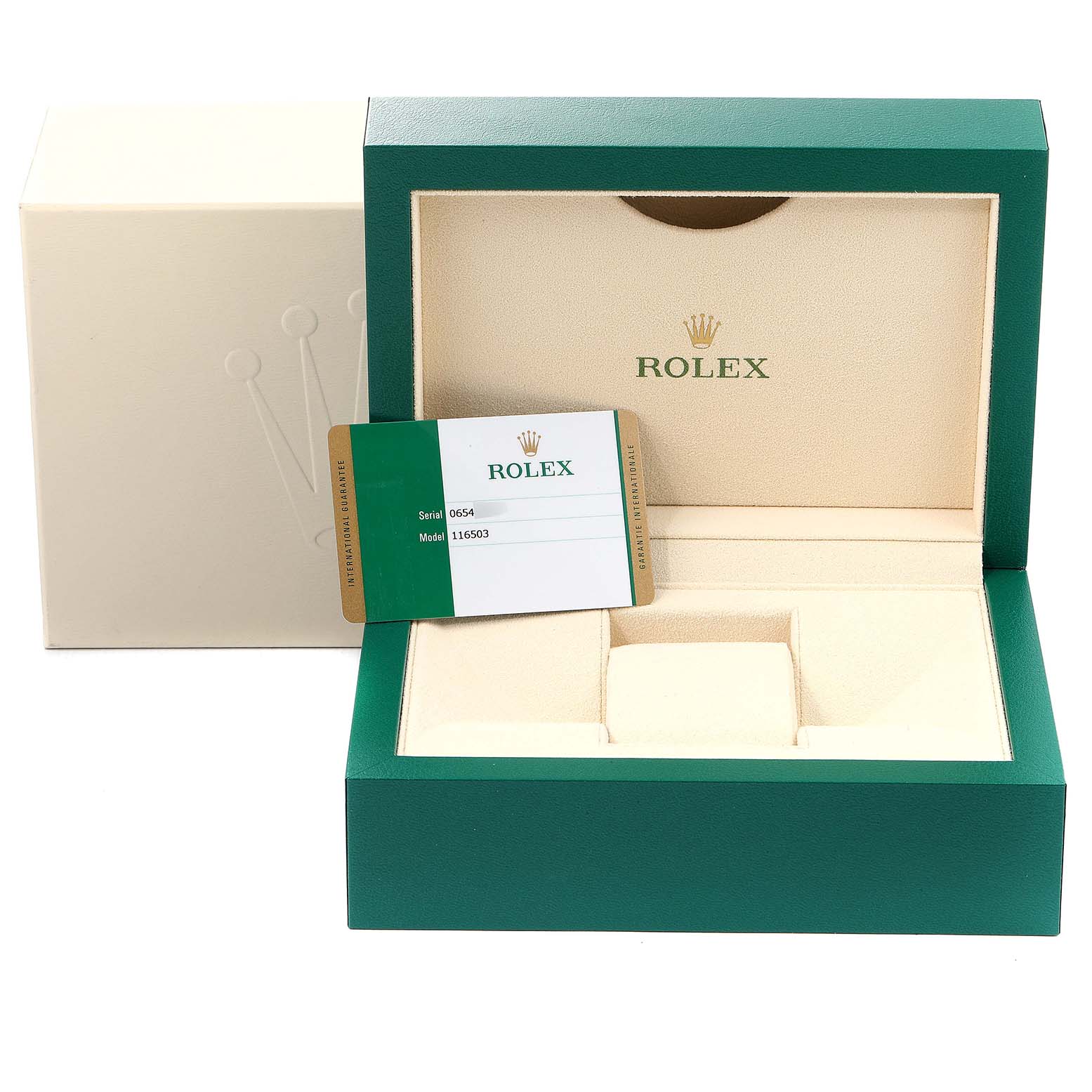 The image shows an open green and beige Rolex watch box for the Daytona model with an identification card inside.