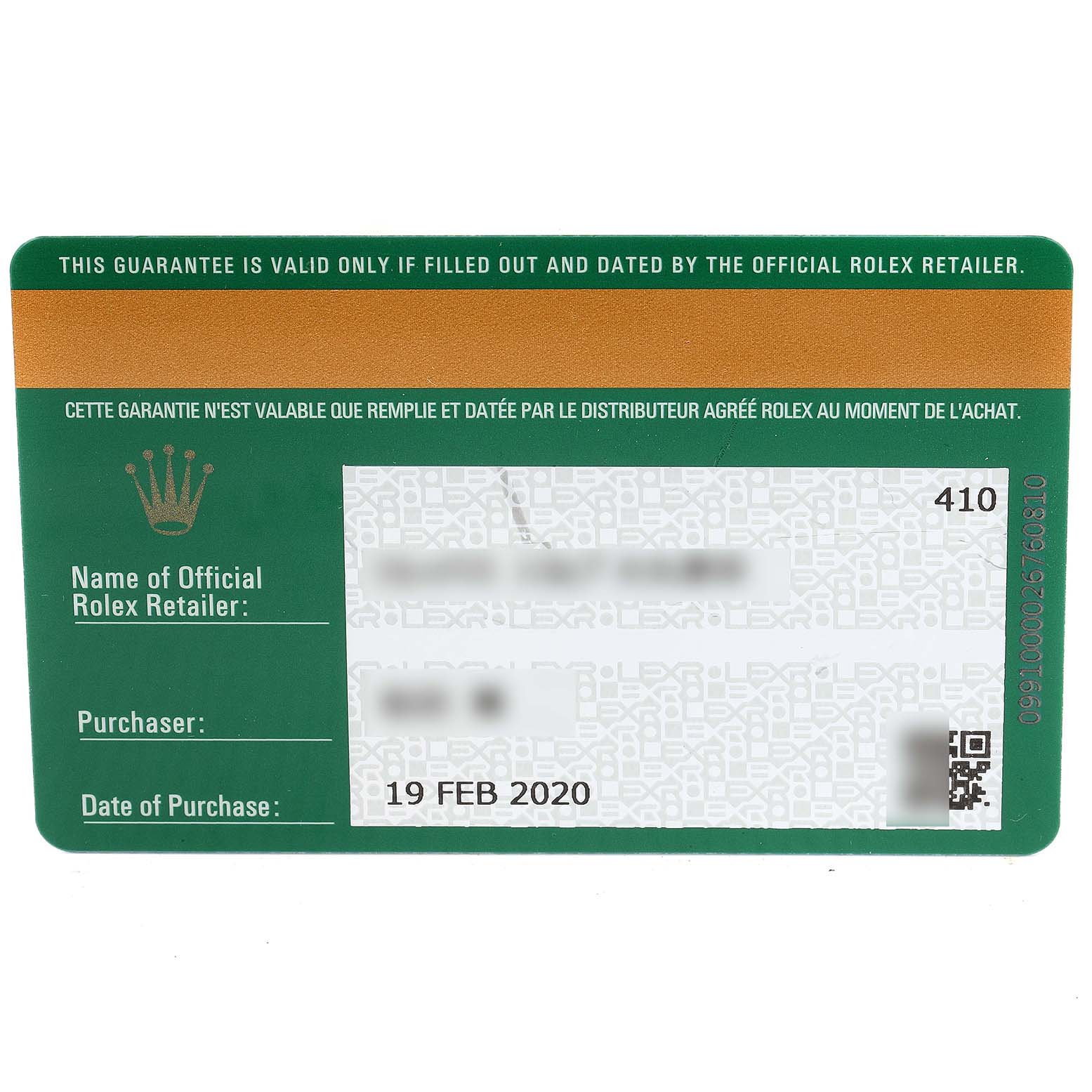 This image shows the guarantee card for the Rolex Daytona 116503 Men
s Steel and Gold (two tone) Champagne Dial 116503 Men
s Steel and Gold (two tone) Champagne Dial watch, detailing the retailer, purchaser, and the date of purchase.