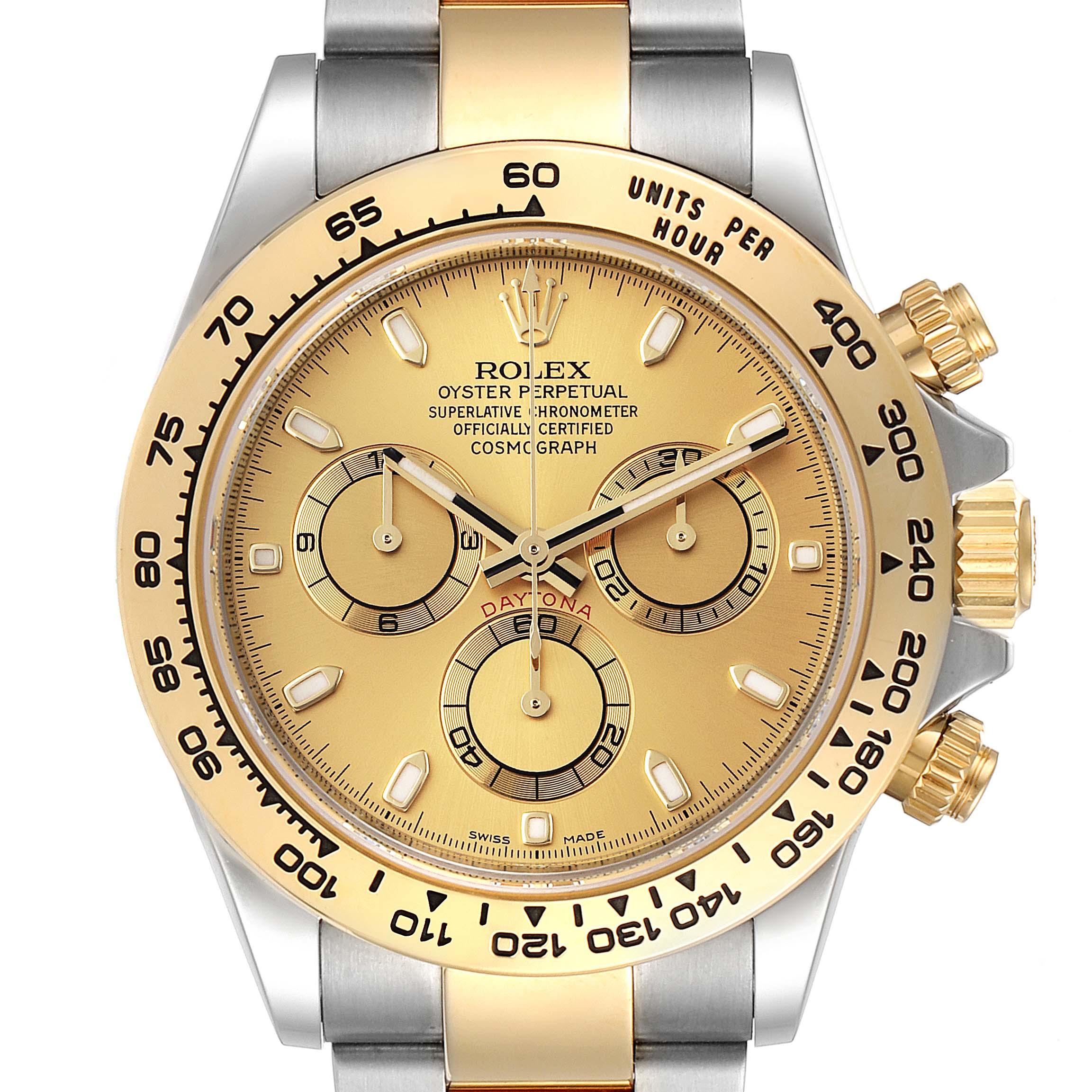 The image shows a frontal view of a Rolex Daytona 116503 Men
s Steel and Gold (two tone) Champagne Dial 116503 Men
s Steel and Gold (two tone) Champagne Dial watch, highlighting its dial, subdials, and bezel with tachymeter scale.