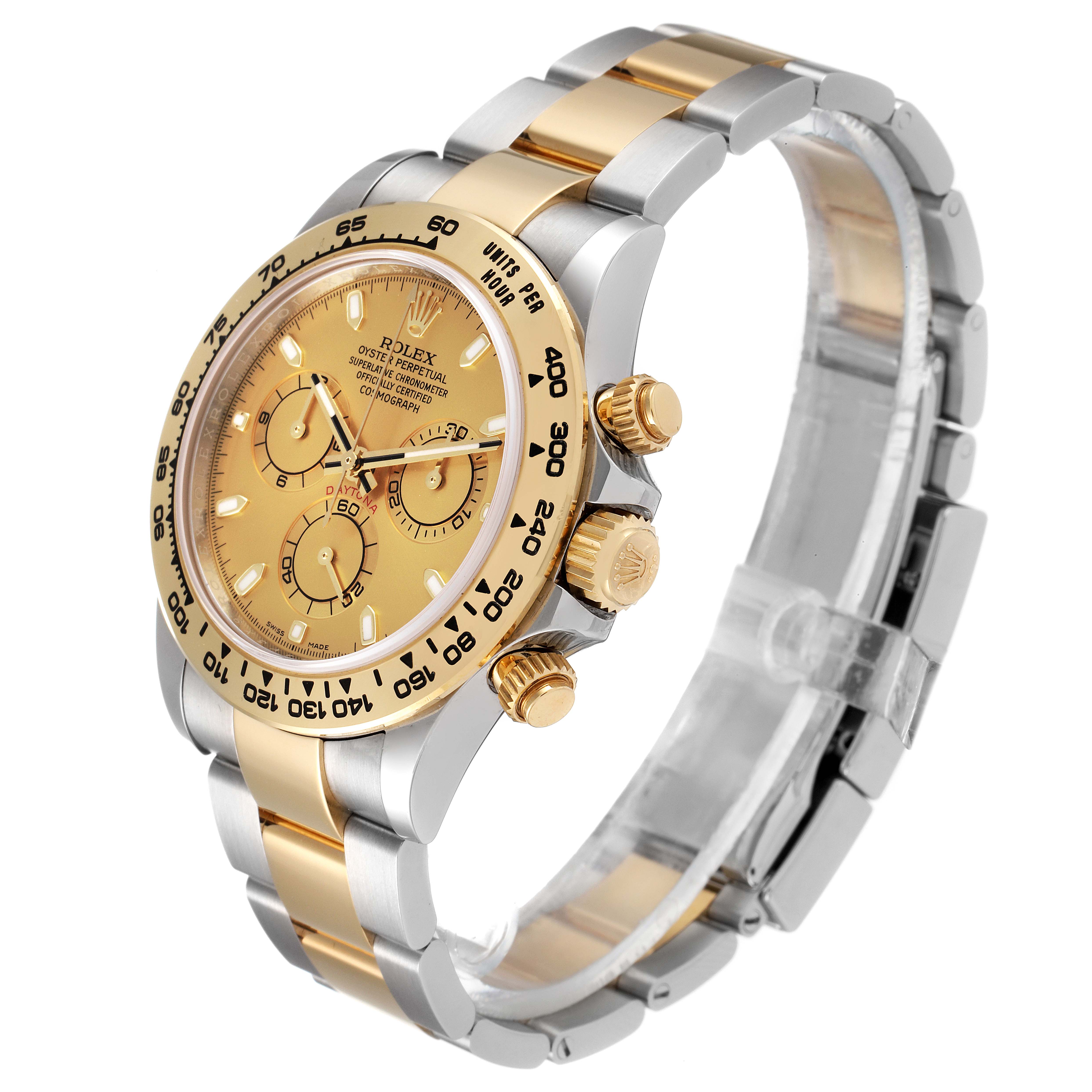 This image shows a side angle of the Rolex Daytona 116503 Men
s Steel and Gold (two tone) Champagne Dial 116503 Men
s Steel and Gold (two tone) Champagne Dial watch, highlighting its gold and silver-toned bracelet and detailed dial.