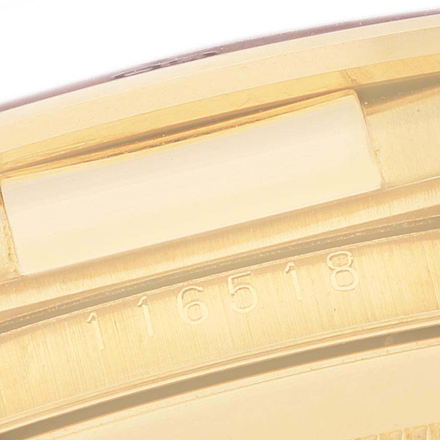 This image shows a close-up of the model number ("116518") engraved on the inner bezel of a Rolex Daytona 116518 Men
s Yellow Gold Blue Dial 116518 Men
s Yellow Gold Blue Dial watch.