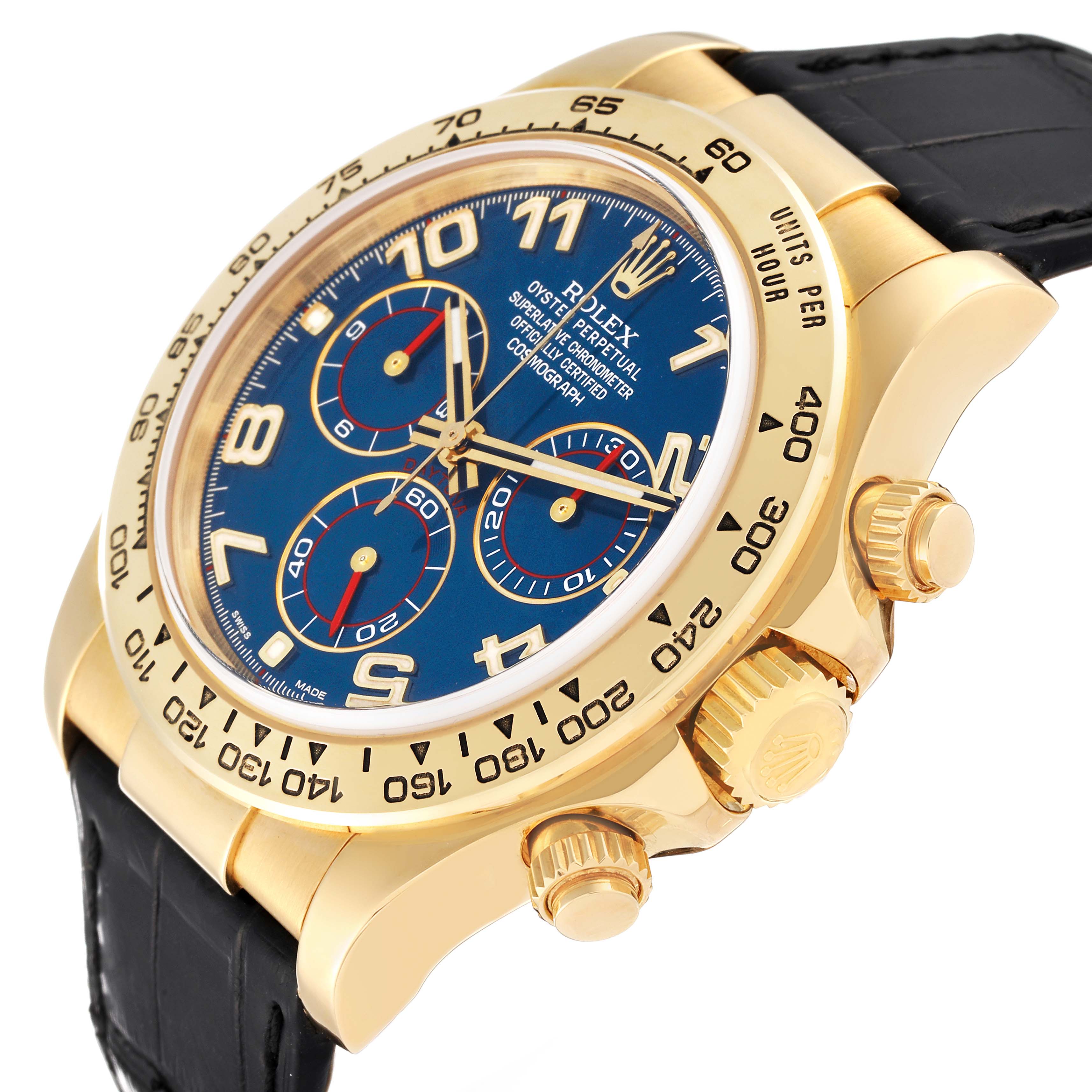 The Rolex Daytona 116518 Men
s Yellow Gold Blue Dial 116518 Men
s Yellow Gold Blue Dial watch is shown at an oblique angle highlighting the face, bezel, crown, and chronograph pushers.
