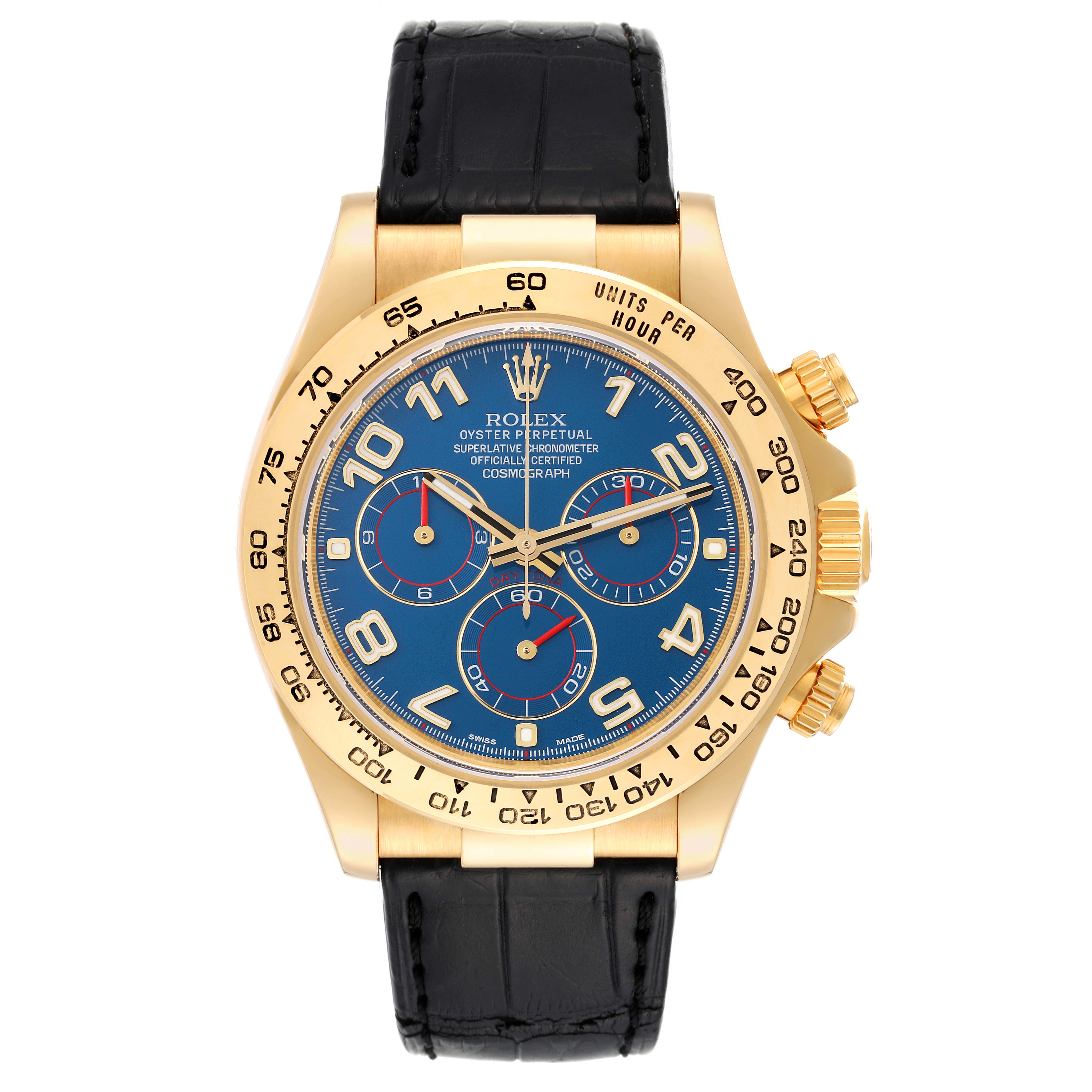 This image shows a front view of a Rolex Daytona 116518 Men
s Yellow Gold Blue Dial 116518 Men
s Yellow Gold Blue Dial watch with a blue dial and gold case, featuring a black leather strap.