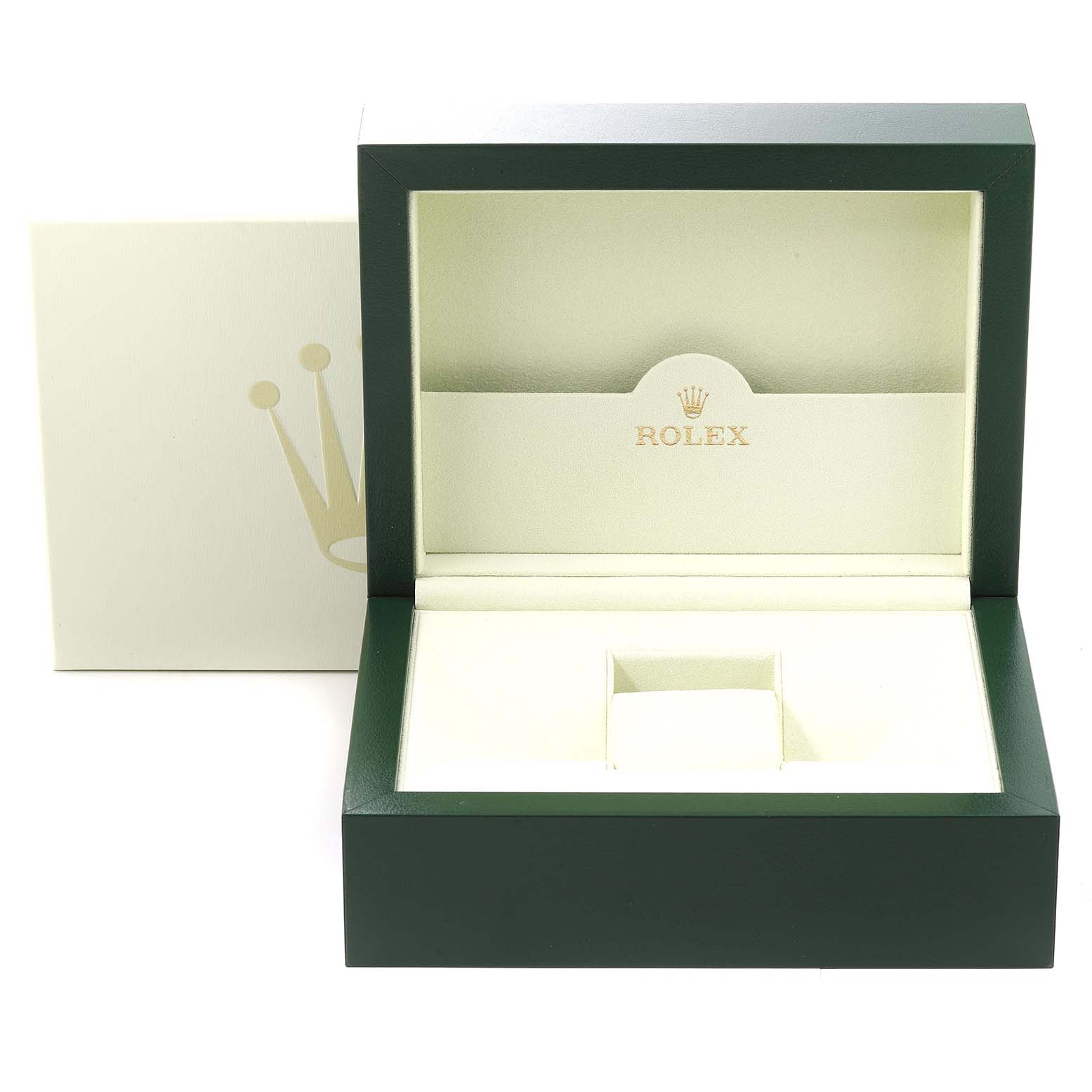 This is an open box for a Rolex Daytona 116518 Men
s Yellow Gold Blue Dial 116518 Men
s Yellow Gold Blue Dial watch, showcasing the interior packaging and cushion.