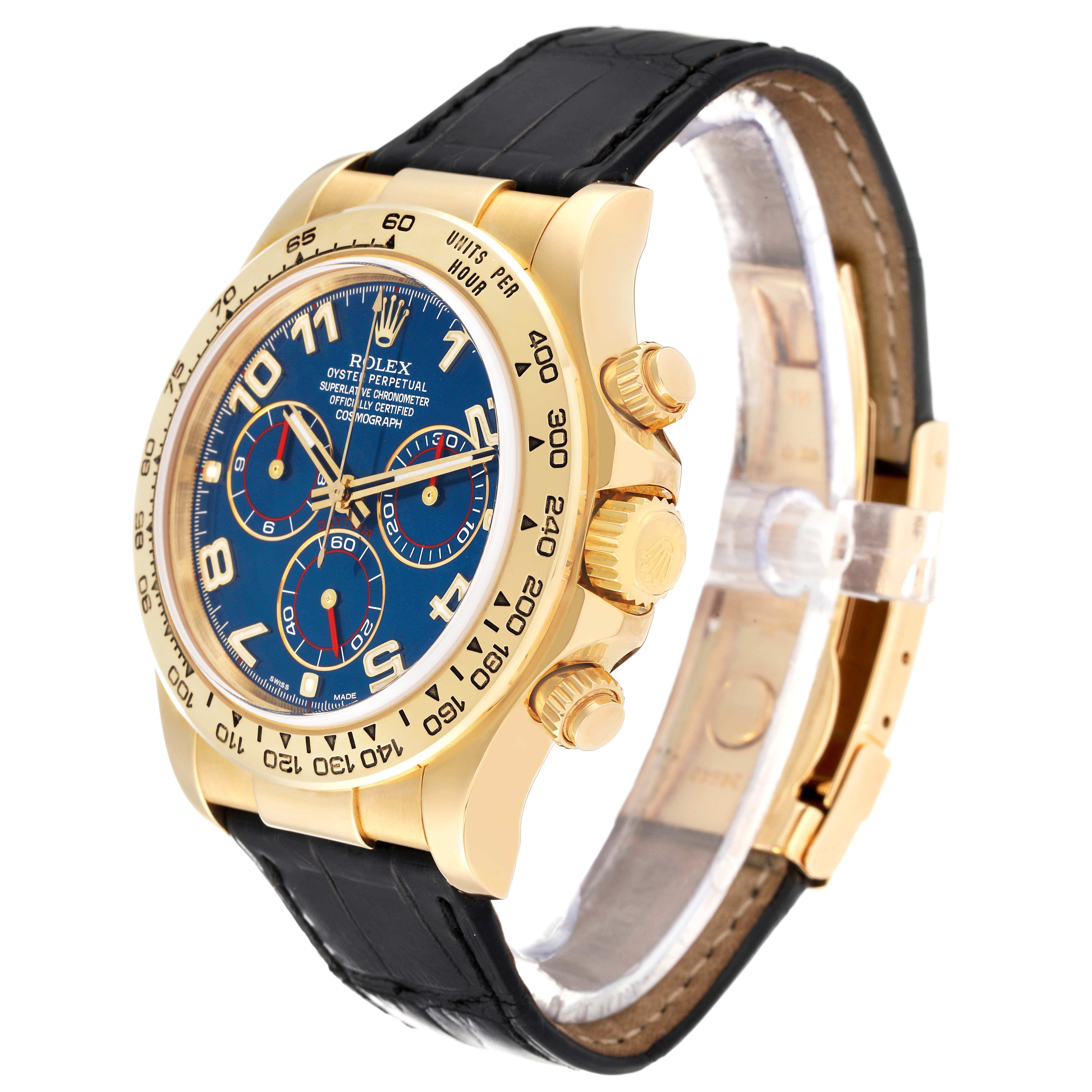 This image shows a side angle of a Rolex Daytona 116518 Men
s Yellow Gold Blue Dial 116518 Men
s Yellow Gold Blue Dial watch, displaying the case, blue dial, chronograph pushers, and leather strap.