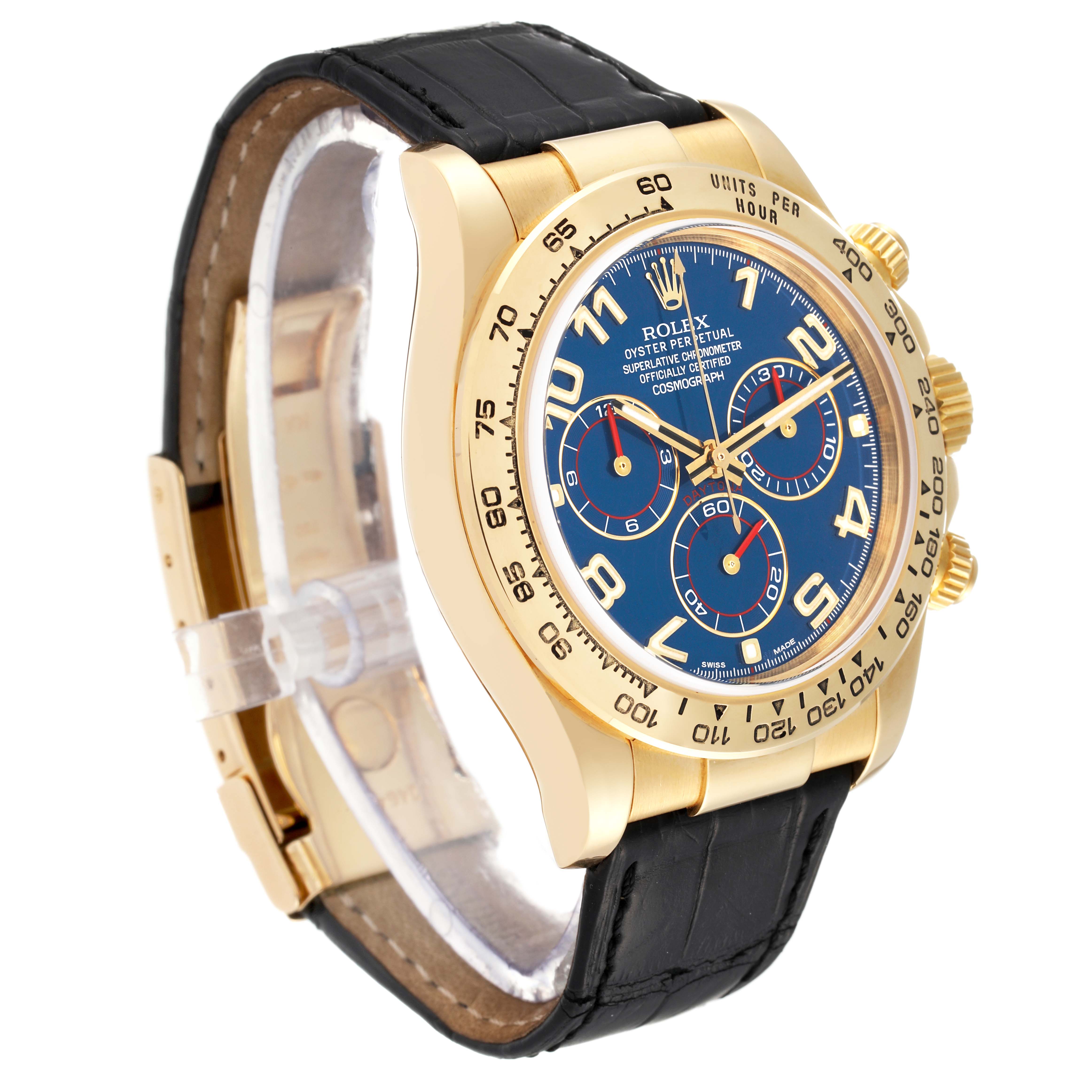 The image shows the Rolex Daytona 116518 Men
s Yellow Gold Blue Dial 116518 Men
s Yellow Gold Blue Dial watch at an angled side view, displaying its dial, bezel, crown, and black strap.