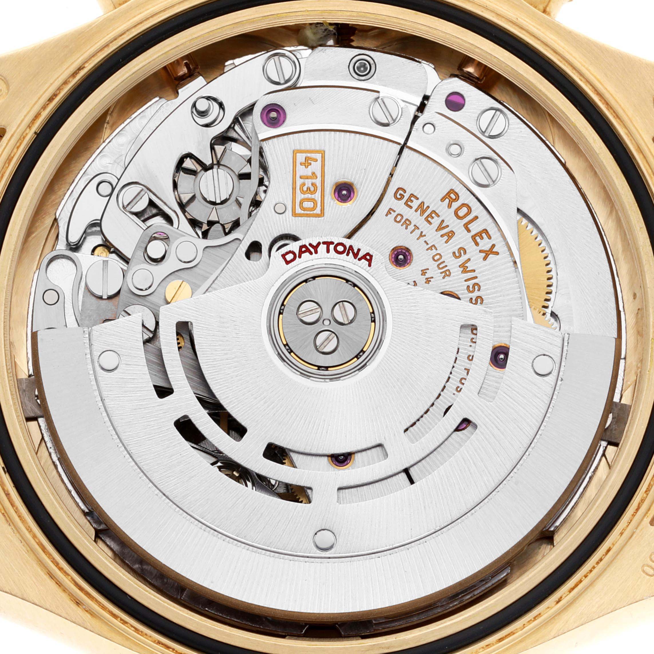 The image shows the internal mechanism of a Rolex Daytona 116518 Men
s Yellow Gold Blue Dial 116518 Men
s Yellow Gold Blue Dial watch, viewed from the back.