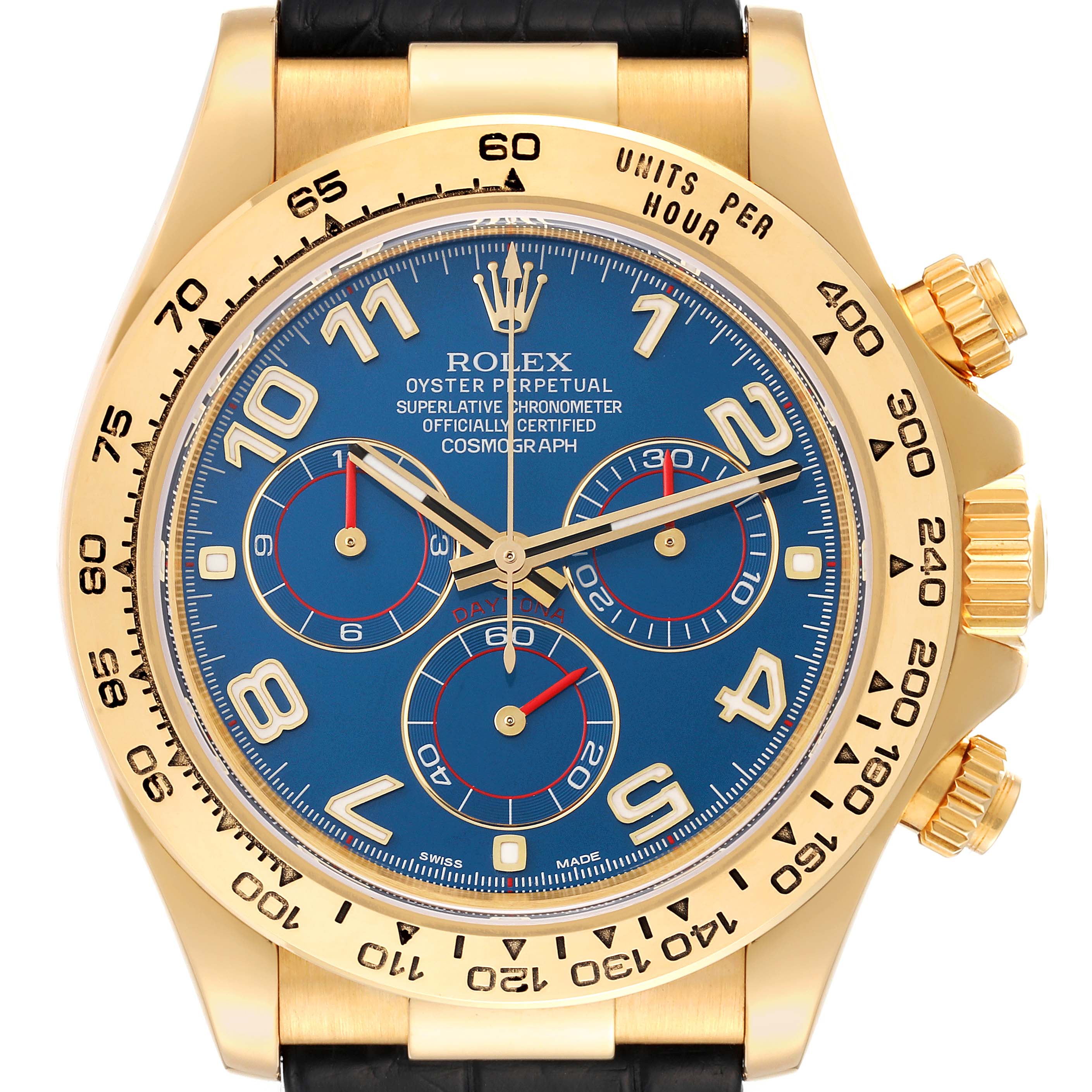 The image shows a close-up, front angle of a Rolex Daytona 116518 Men
s Yellow Gold Blue Dial 116518 Men
s Yellow Gold Blue Dial watch, highlighting the blue dial, gold bezel, and chronograph hands.