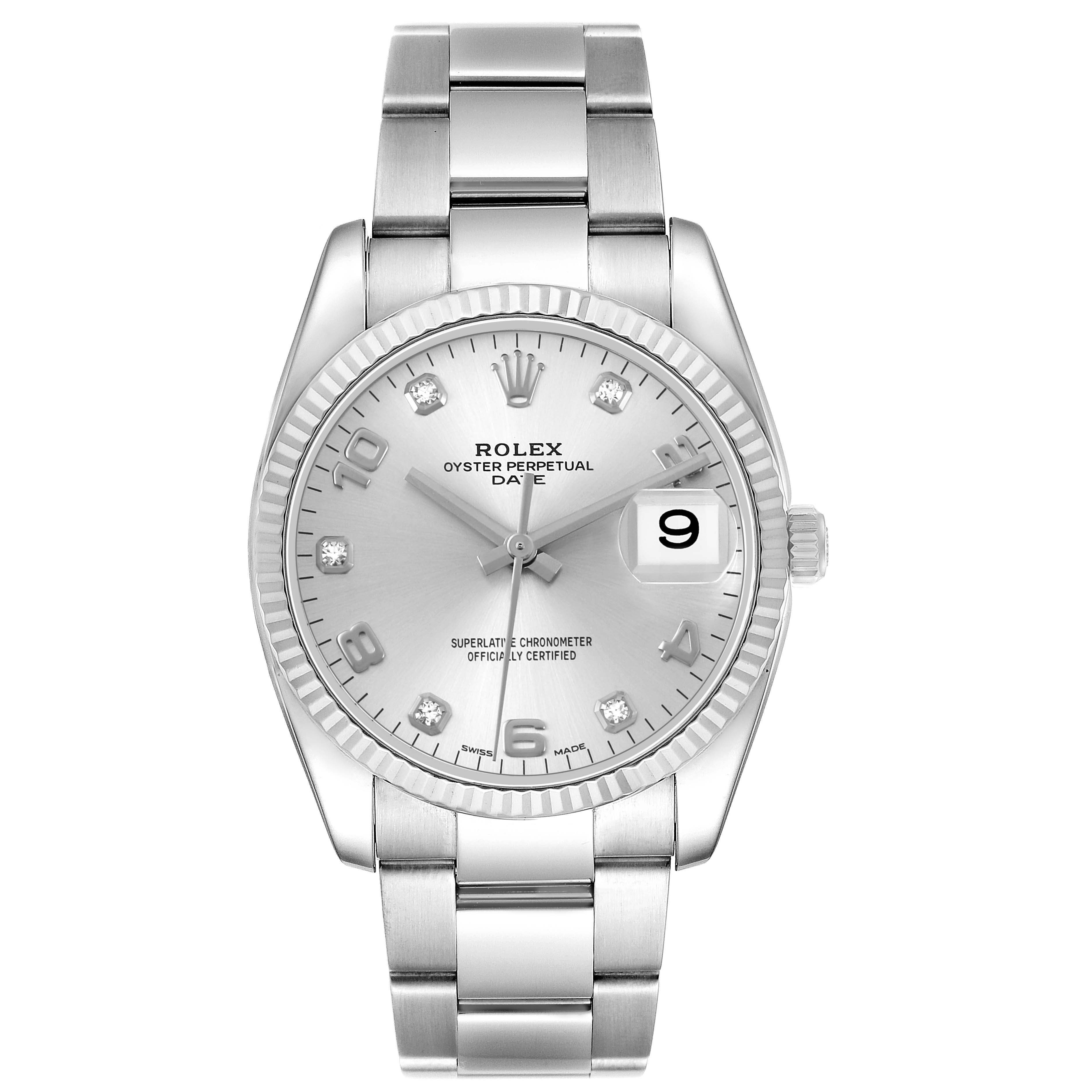 The Rolex Date 115234 Men's Stainless Steel Silver Dial model watch is shown from a front angle, displaying the dial, bracelet, and case clearly.