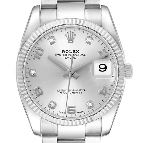 The image shows a front view of the Rolex Date 115234 Men's Stainless Steel Silver Dial watch, highlighting the dial, bezel, and bracelet.