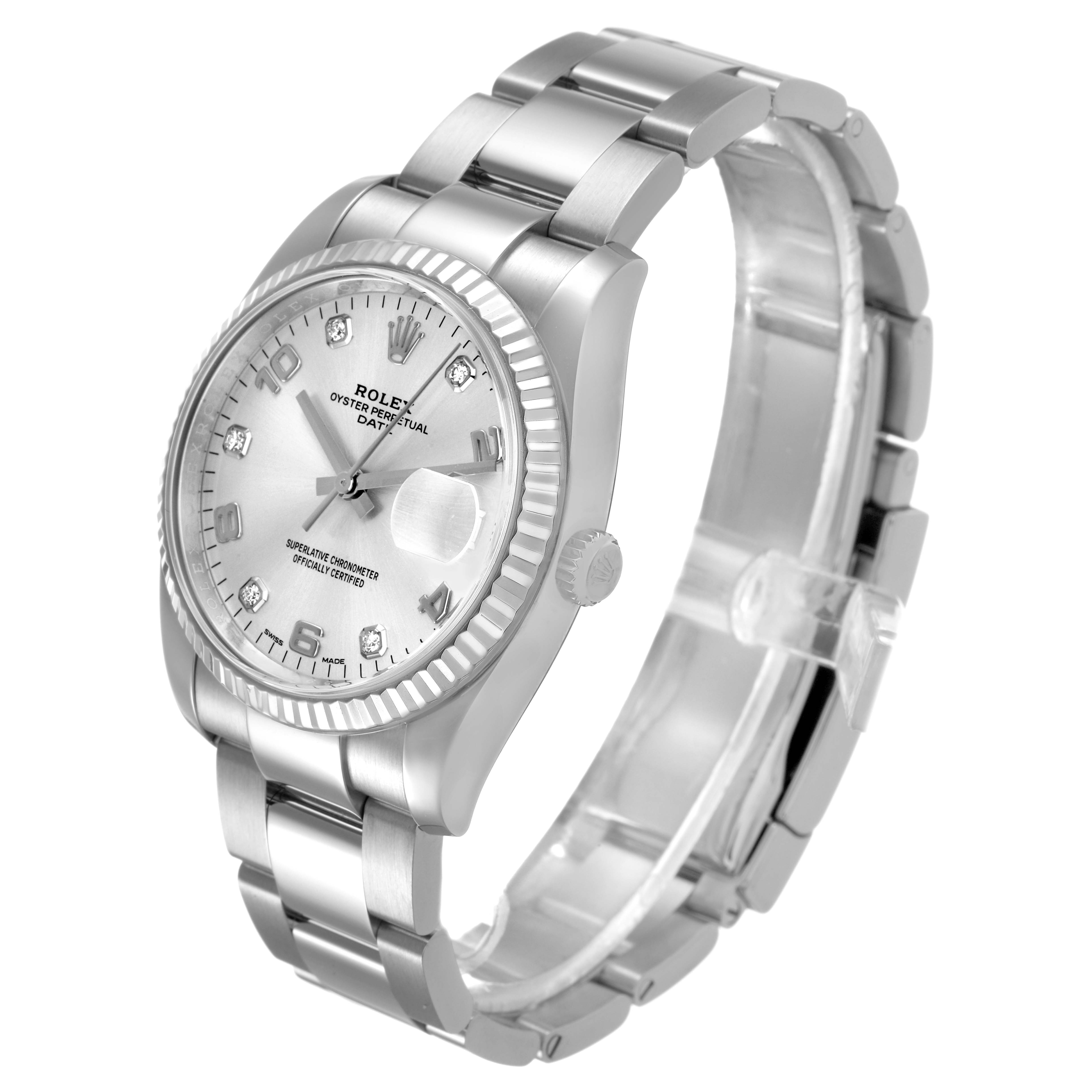 The Rolex Date 115234 Men's Stainless Steel Silver Dial model is shown at a three-quarter angle displaying the case, dial, bracelet, and fluted bezel.