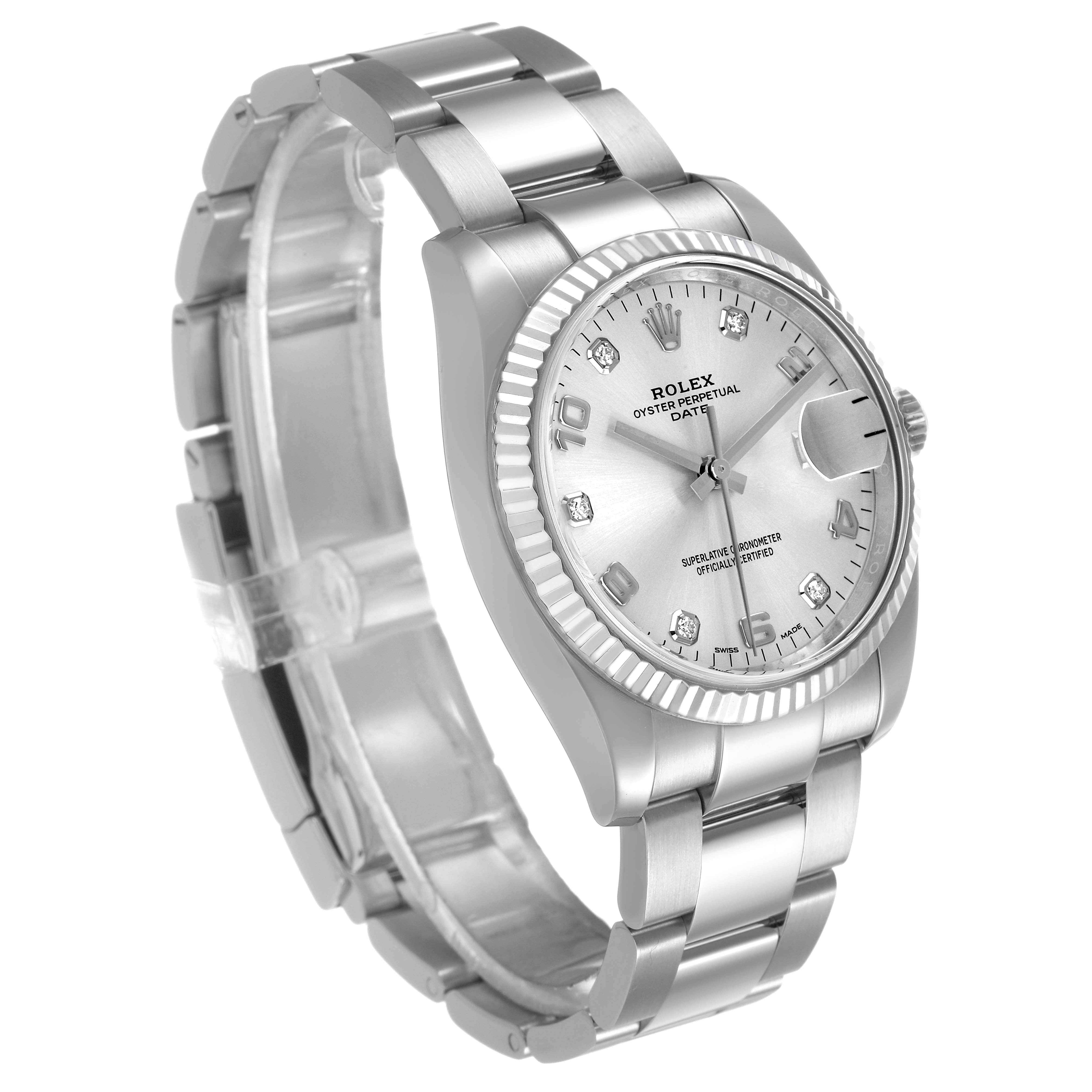 The Rolex Date 115234 Men's Stainless Steel Silver Dial model watch is shown at a three-quarter angle, displaying the bracelet, case, and dial.