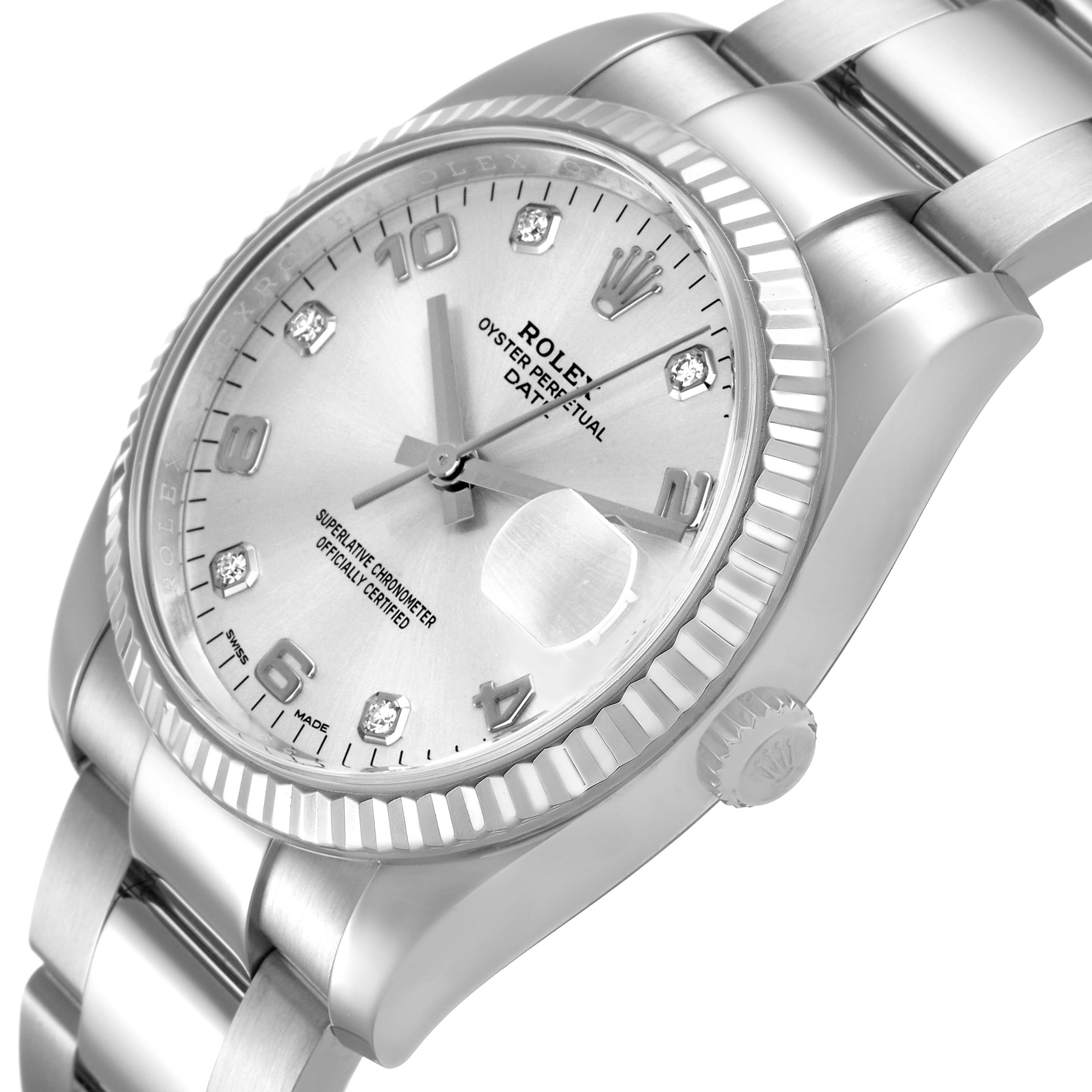 The Rolex Date 115234 Men's Stainless Steel Silver Dial watch is shown at a slight angle, highlighting the dial, fluted bezel, crown, and part of the bracelet.