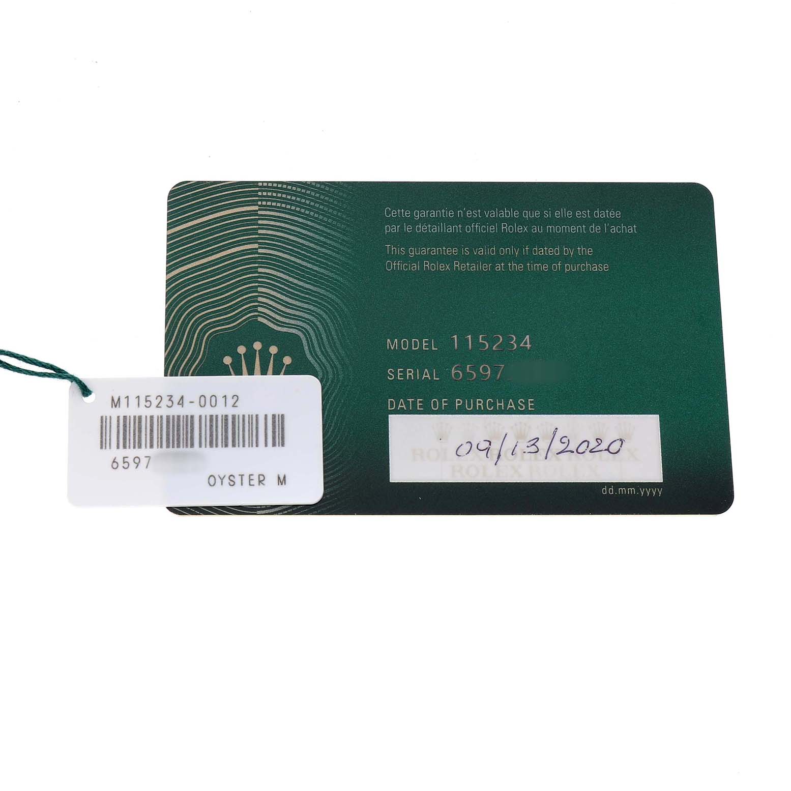 The image shows a warranty card and tag for a Rolex Date 115234 Men's Stainless Steel Silver Dial model watch, displaying model, serial number, and purchase date.