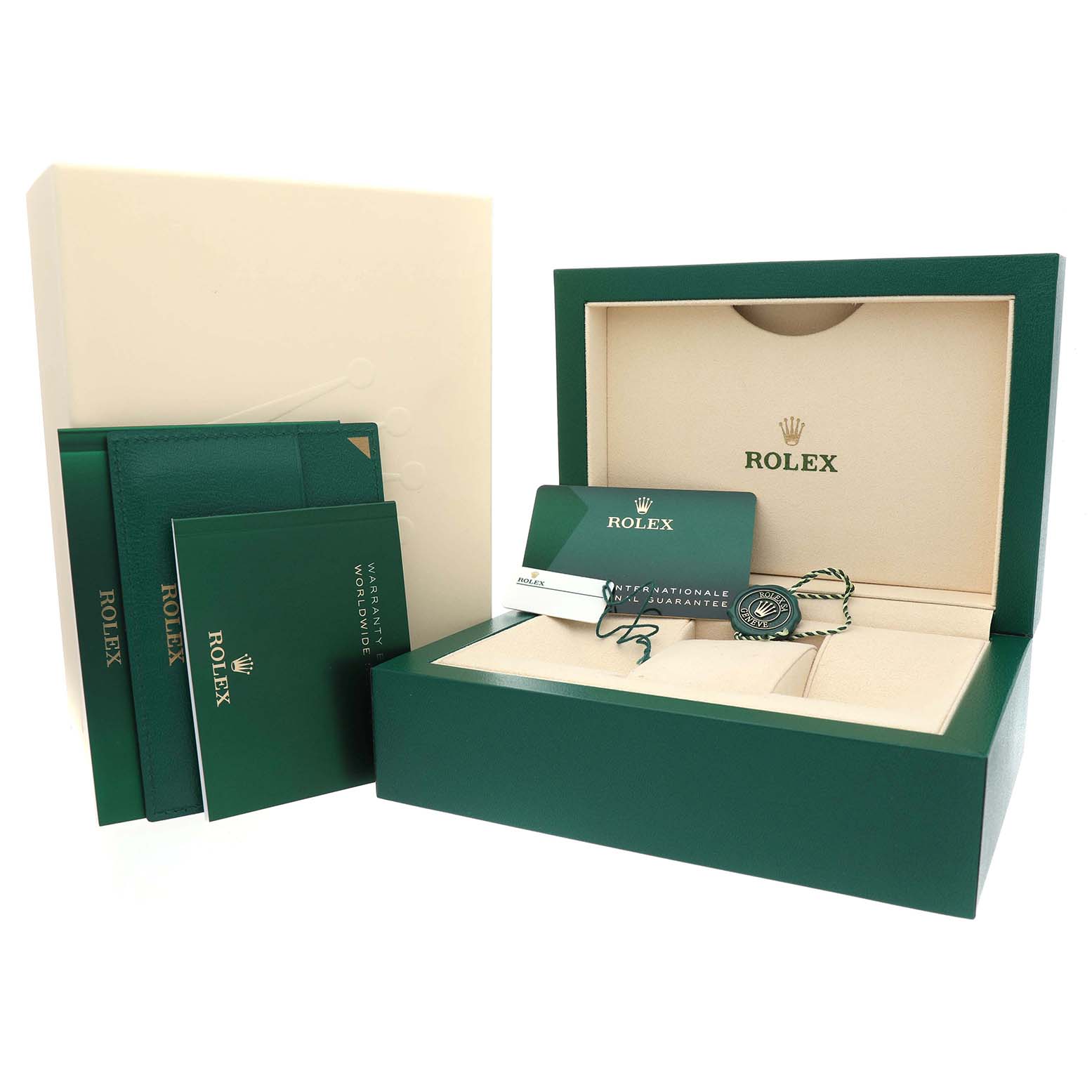 The image shows a Rolex Date 115234 Men's Stainless Steel Silver Dial model's presentation box, warranty card, and accompanying booklets at an angled view.