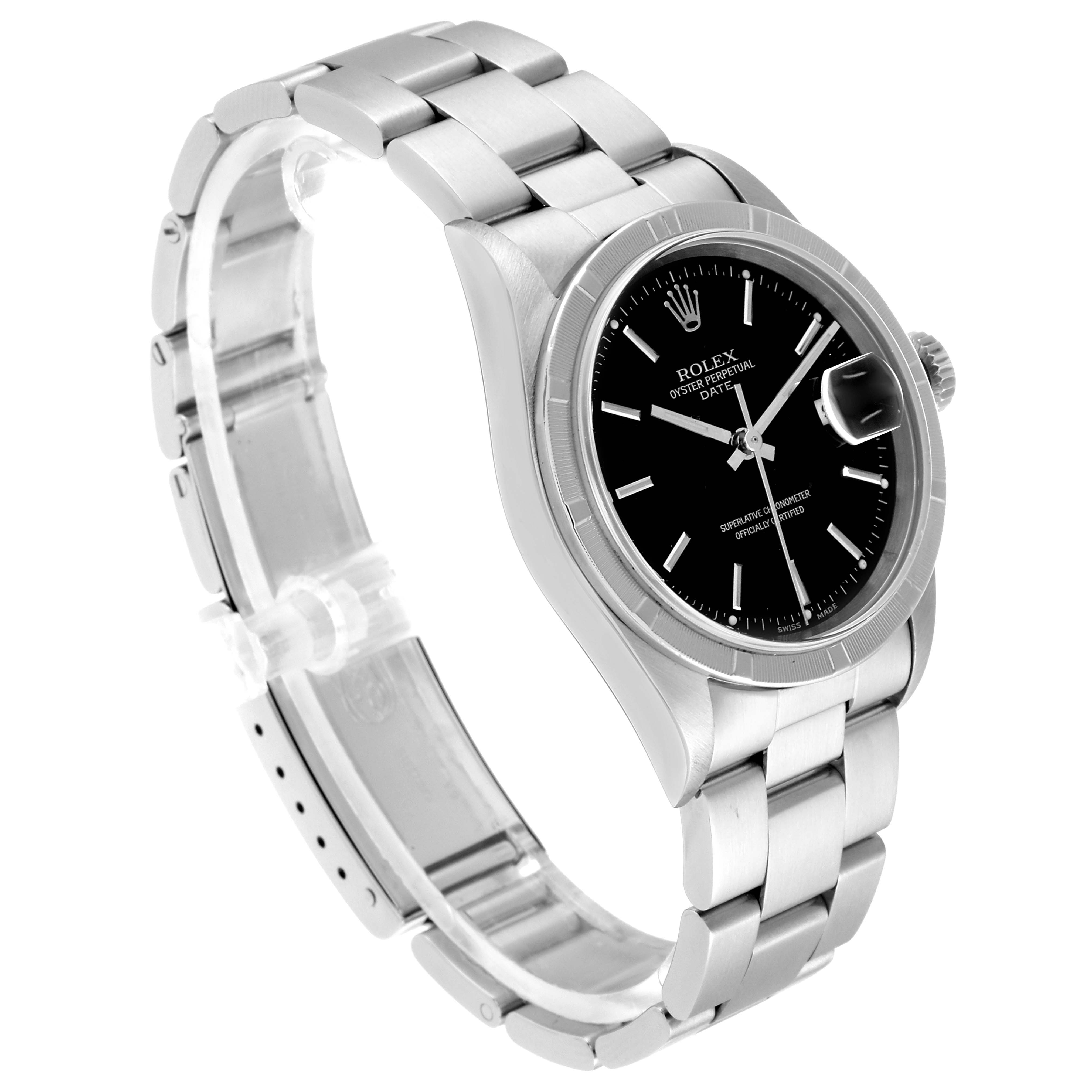 The image shows a side-angle view of the Rolex Date 15210 Men's Stainless Steel Black Dial 15210 Men's Stainless Steel Black Dial model watch, showcasing the face, bezel, and bracelet.