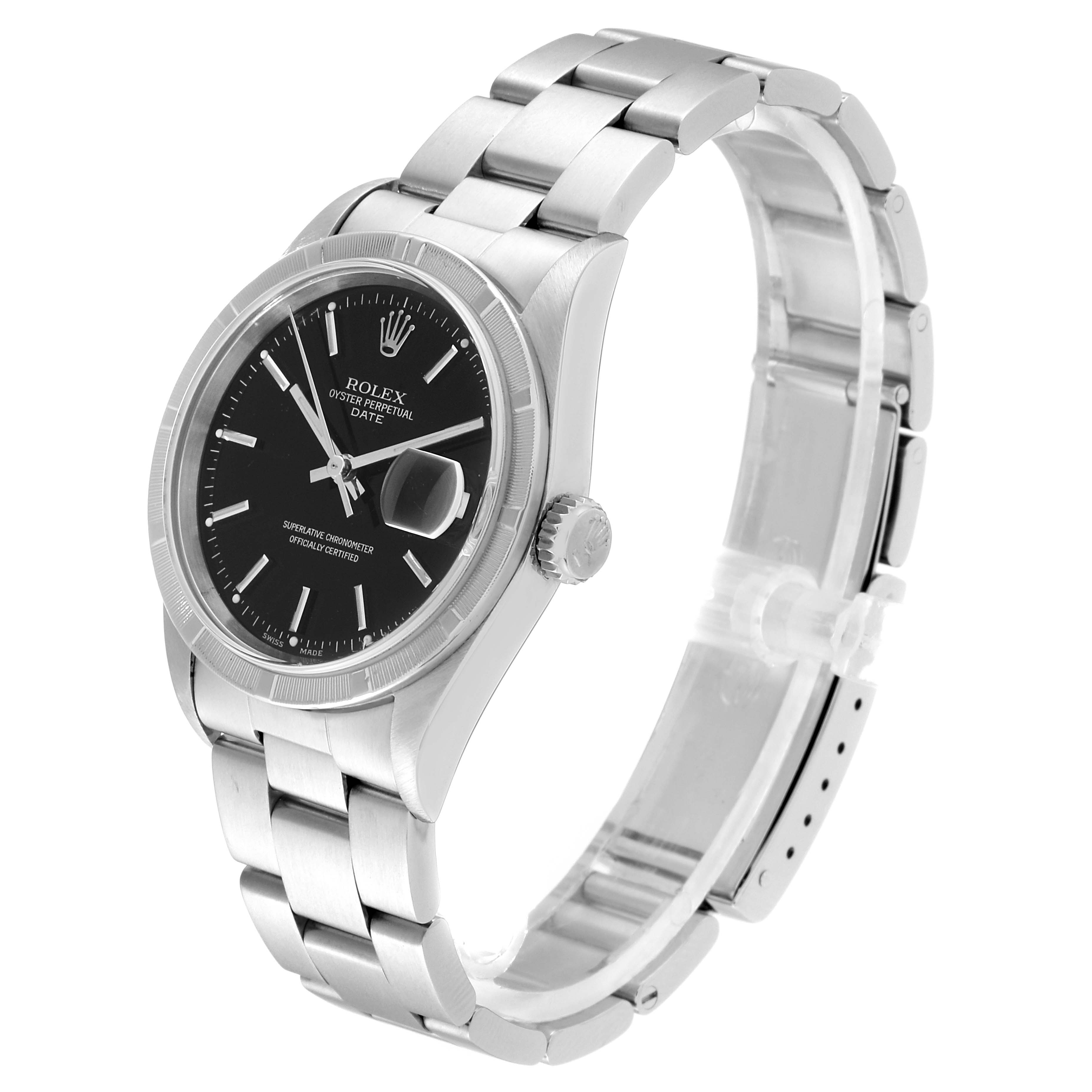 The image shows a Rolex Date 15210 Men's Stainless Steel Black Dial 15210 Men's Stainless Steel Black Dial watch from an angled side view, revealing the face, dial, crown, and bracelet.