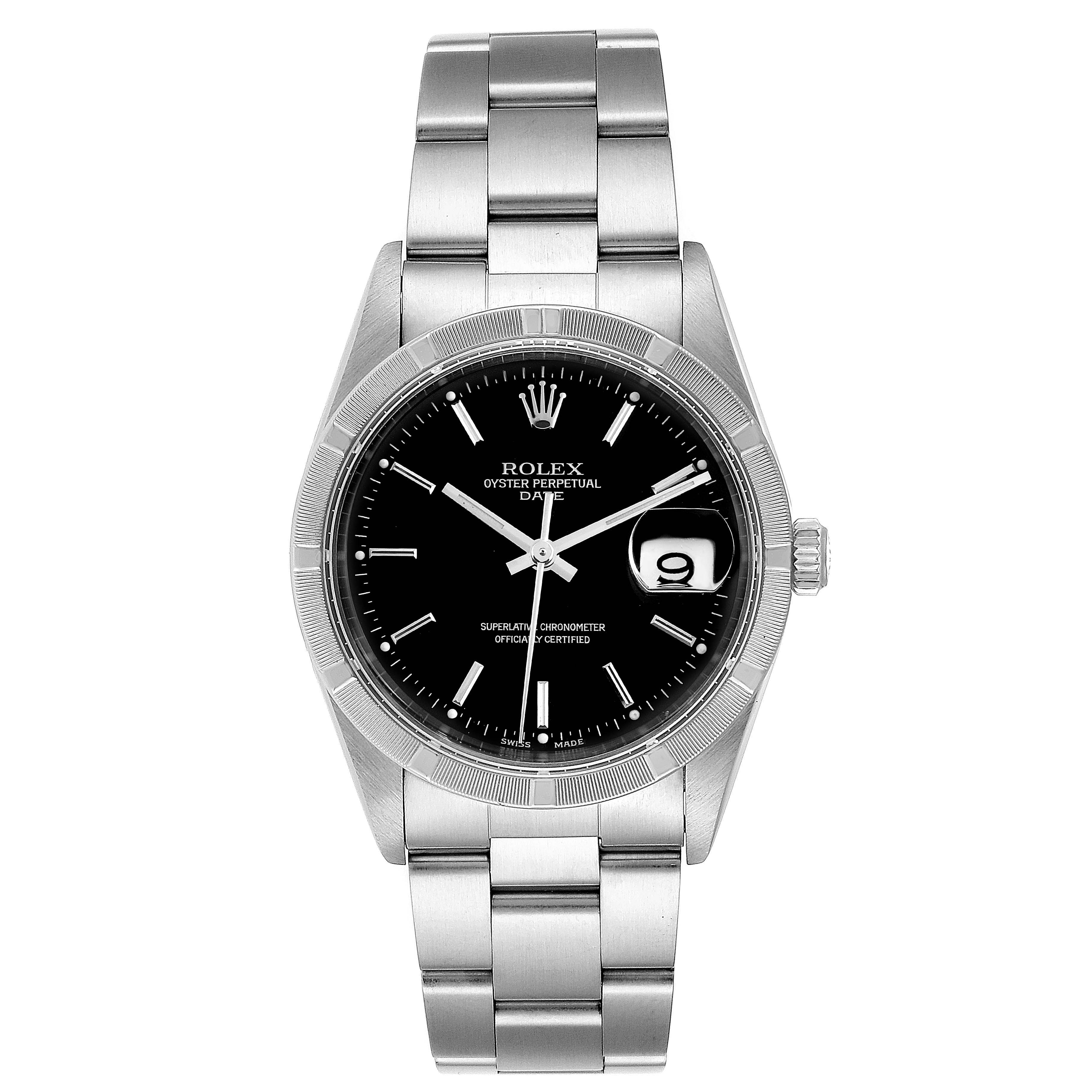 The image shows a frontal view of a Rolex Date 15210 Men's Stainless Steel Black Dial 15210 Men's Stainless Steel Black Dial watch, displaying its face, bracelet, and the date magnifier.