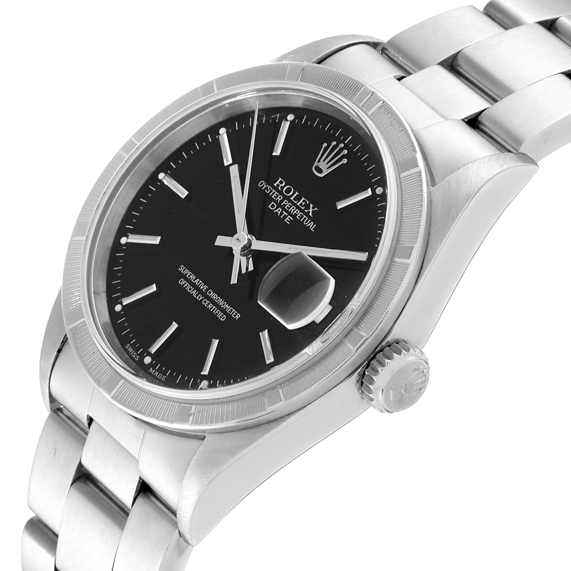 This image shows a close-up of a Rolex Date 15210 Men's Stainless Steel Black Dial 15210 Men's Stainless Steel Black Dial model watch at an angle, highlighting the black dial, bezel, crown, and part of the bracelet.