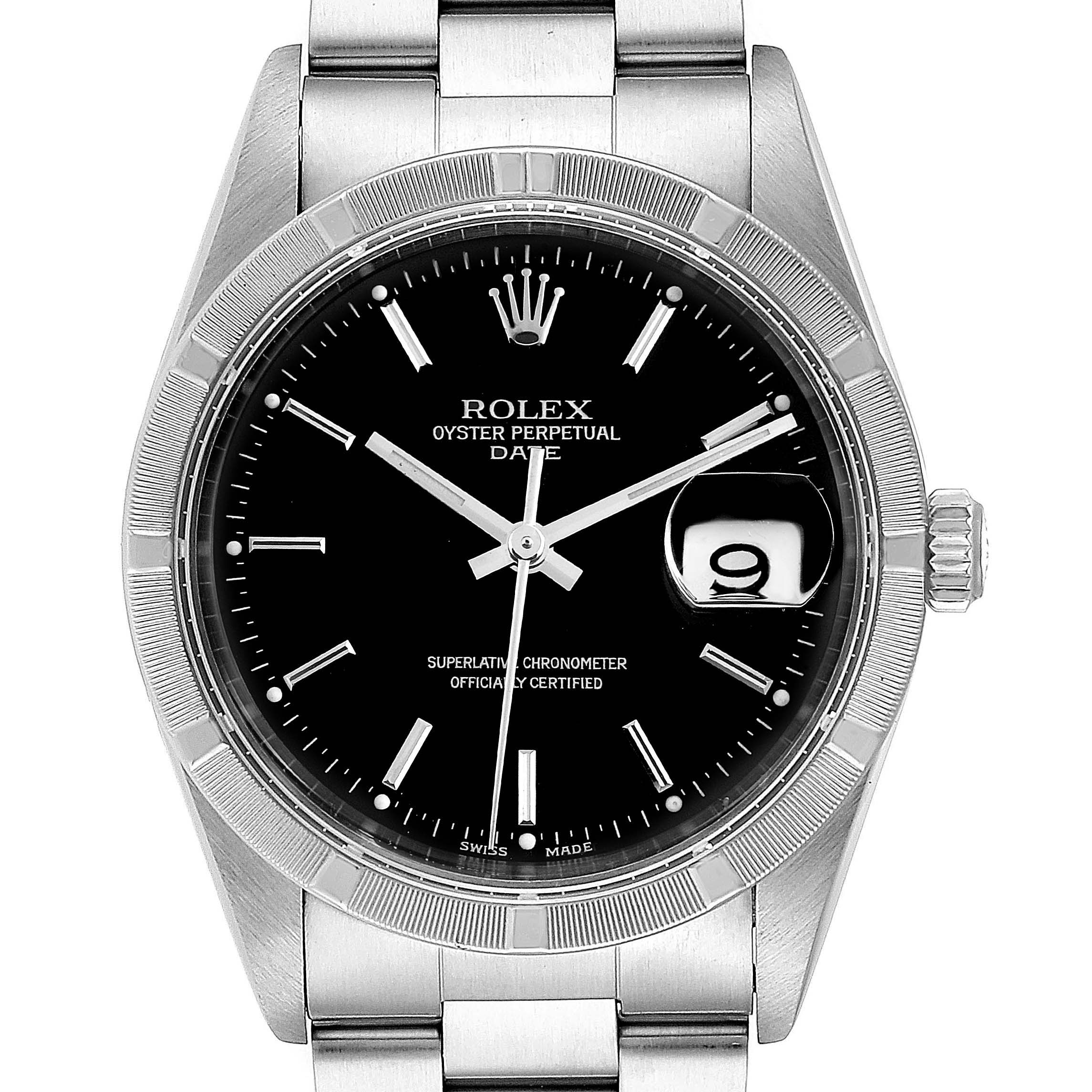 The image shows a frontal view of a Rolex Oyster Perpetual Date watch, highlighting its dial, hands, date window, and bracelet.