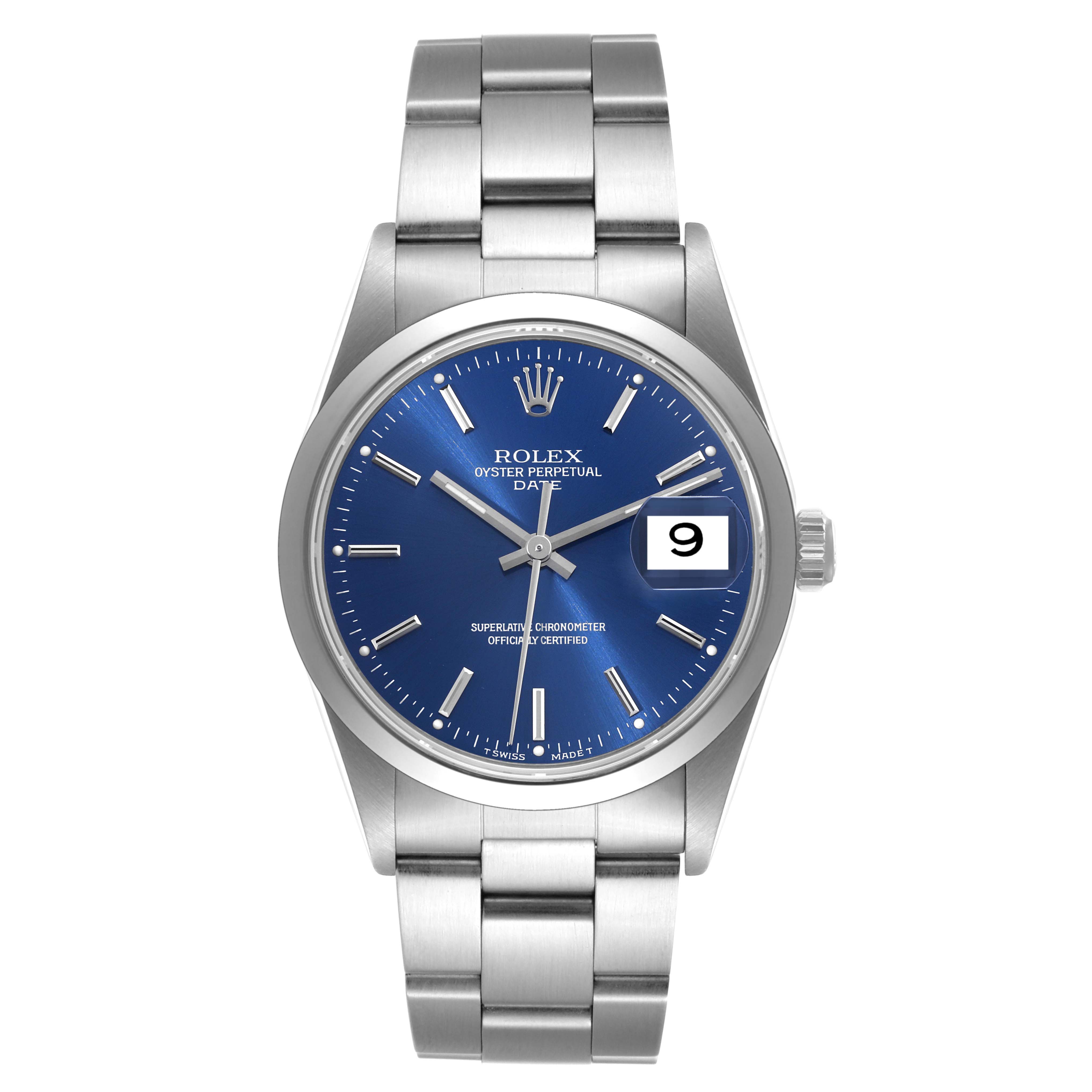 This image shows a front view of a Rolex Date 15200 Men's Stainless Steel Blue Dial 15200 Men's Stainless Steel Blue Dial model watch with a blue dial and stainless steel bracelet.