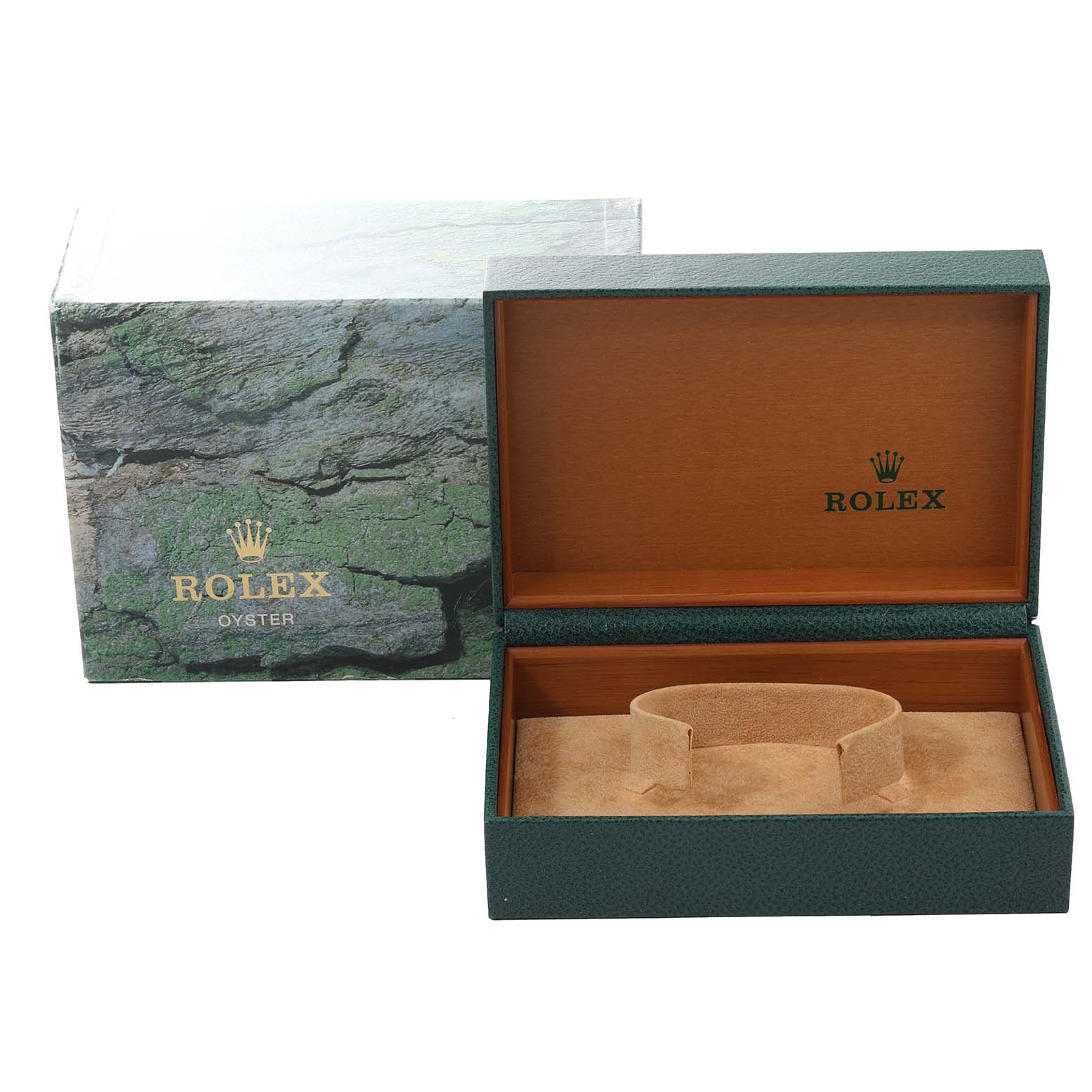 The image shows an open Rolex Date 15200 Men's Stainless Steel Blue Dial 15200 Men's Stainless Steel Blue Dial model watch box and its outer packaging from a front angle.