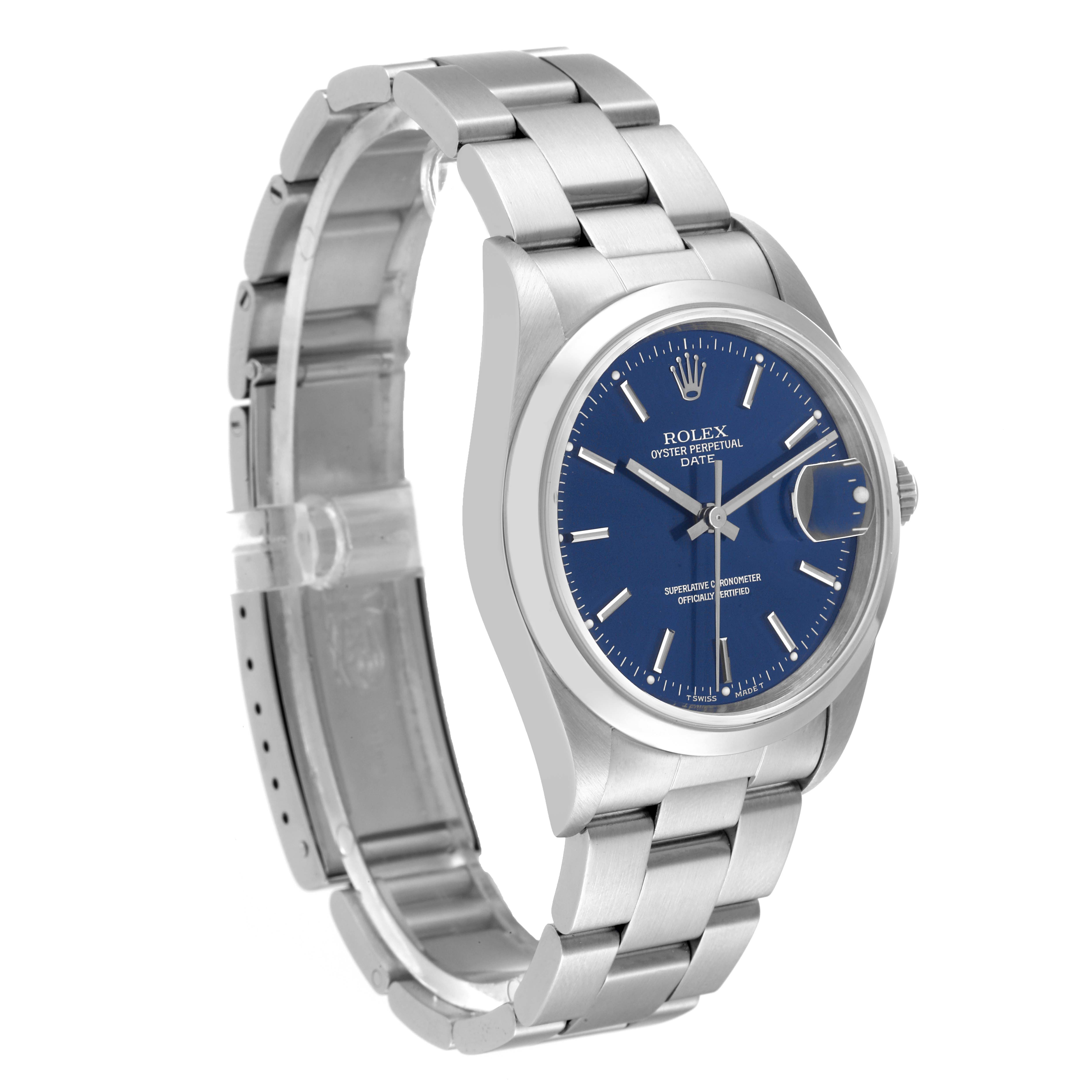 This is a side angle view of the Rolex Date 15200 Men's Stainless Steel Blue Dial 15200 Men's Stainless Steel Blue Dial model watch, showing the blue dial and metal bracelet.