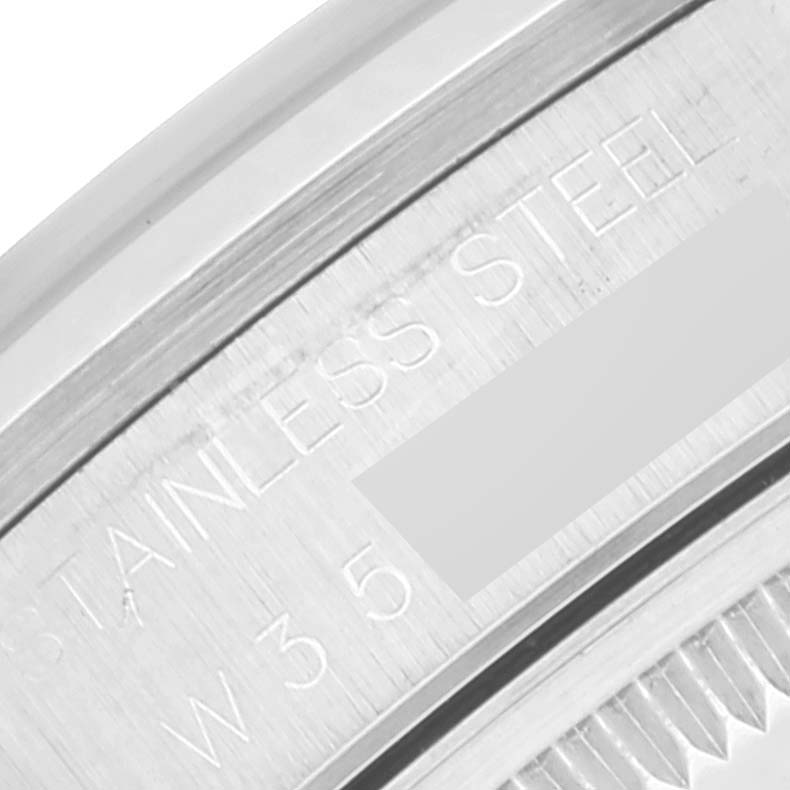 This close-up image shows the engraved text on the stainless steel back of the Rolex Date 15200 Men's Stainless Steel Blue Dial 15200 Men's Stainless Steel Blue Dial model watch.