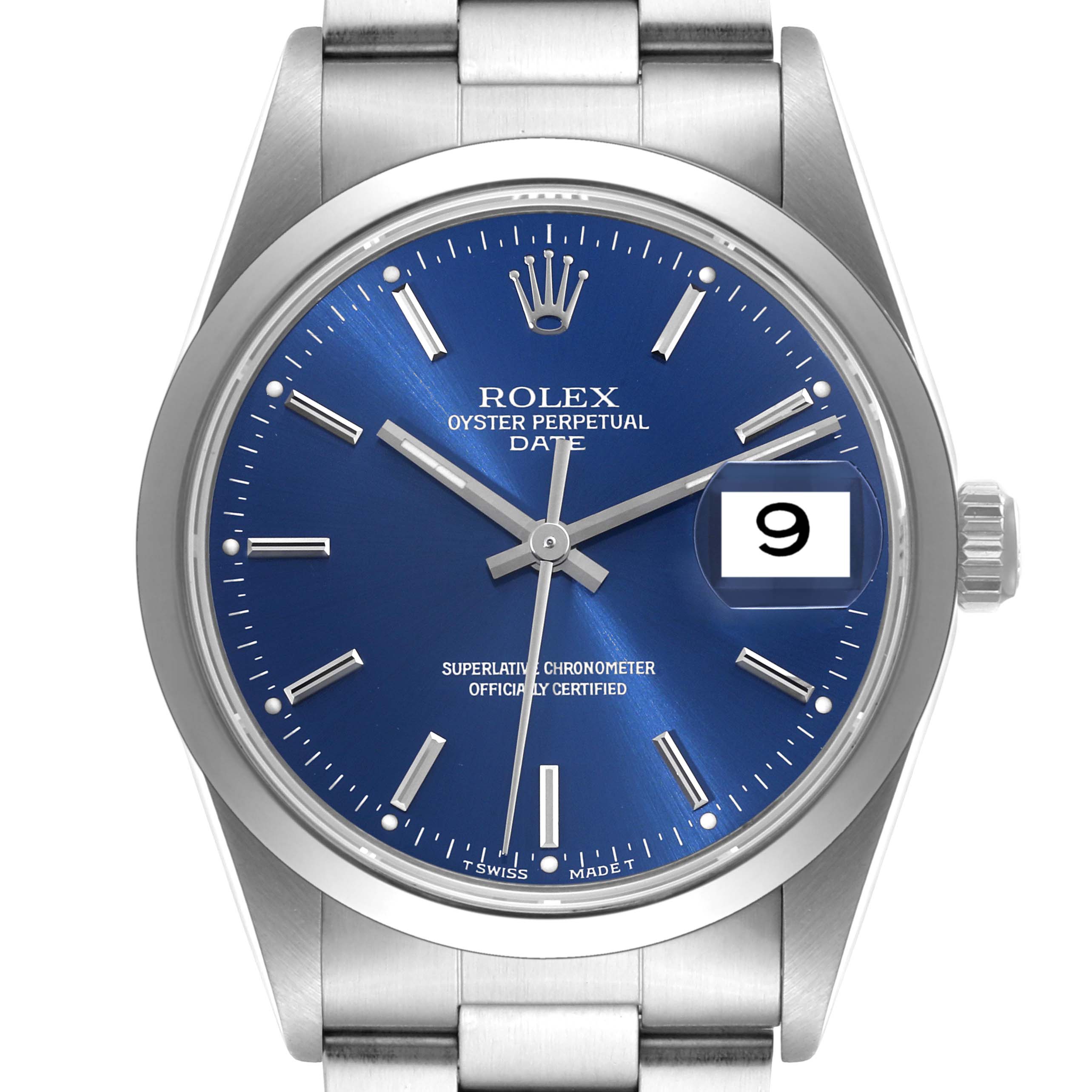 The image shows a close-up of a Rolex Oyster Perpetual Date watch with a blue dial and date display at 3 o'clock.